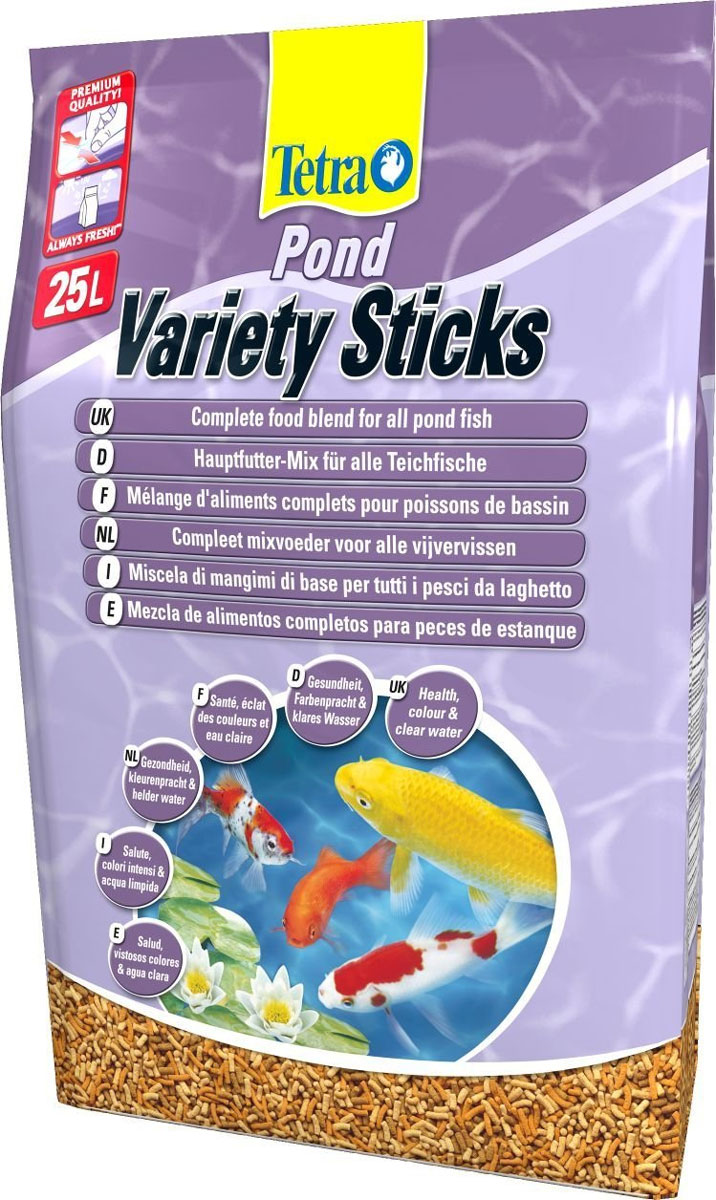 Корм сухой Tetra Pond. Variety Sticks для прудовых рыб, палочки, 25 л (4,1 кг)204577 Корм сухой Tetra Pond. Variety Sticks для прудовых рыб, палочки, 25 л (4,1 кг)204577Корм сухой Tetra Pond. Variety Sticks - это основная кормовая смесь, которая содержит три вида палочек для здорового, полноценного питания прудовых рыб. Запатентованная BioActive формула обеспечивает высокую устойчивость к заболеваниям, придает энегрию и жизнеспособность. Корм содержит все необходимые элементы, витамины и микроэлементы для предотвращения симптомов недостаточности, связанных с питанием. Легкий прием и высокая перевариваемость уменьшает степень загрязнения воды и улучшает ее качество. Кормите не менее 2 - 3 раз в день в таком количестве, которые рыбы могут съесть в течение нескольких минут. Состав: растительные продукты, зерновые культуры, экстракты растительного белка, рыба и побочные рыбные продукты, дрожжи, минеральные вещества, водоросли, масла и жиры, овощи. Пищевая ценность: сырой белок - 31%, сырые масла и жиры - 4,5%, сырая клетчатка - 2%, влага - 7%.Добавки: витамины, провитамины и химические вещества с аналогичным воздействием: витамин В 28900 МЕ/кг, витамин Д3 1800 МЕ/кг. Комбинации элементов: Е5 Марганец 100 мг/кг, Е6 Цинк 60 мг/кг, Е1 Железо 39 мг/кг, Е3 Кобальт 0,7 мг/кг. Красители, консерванты, антиоксиданты.Товар сертифицирован.
