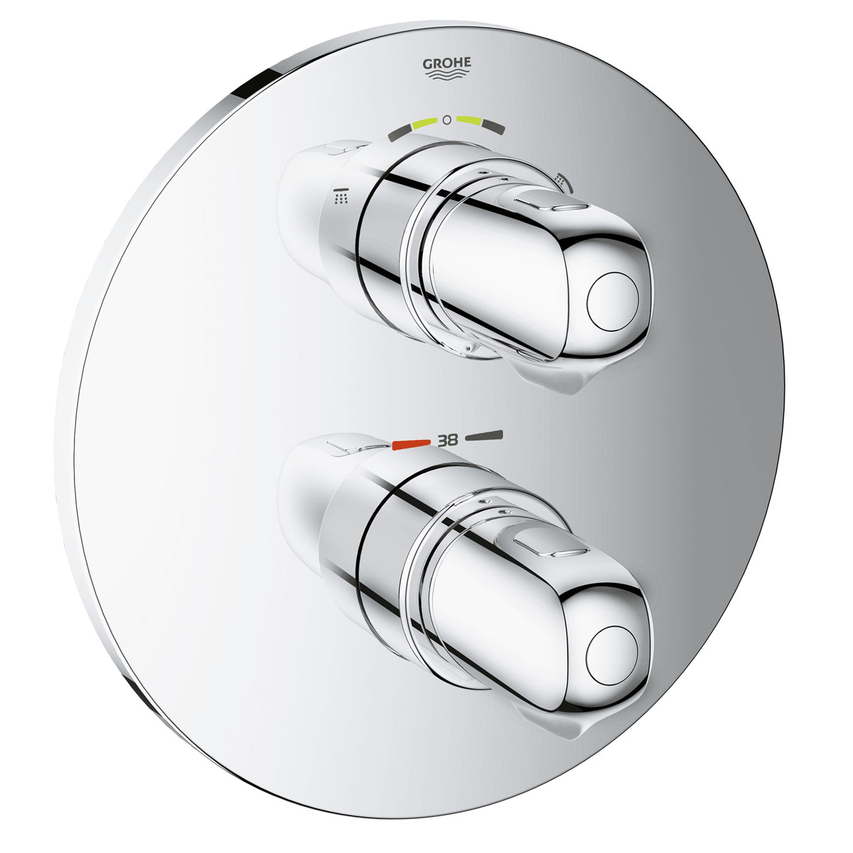 Термостат для душа Grohe Grohtherm 1000 New, со встроенным переключателем19985000 Термостат для душа Grohe Grohtherm 1000 New, со встроенным переключателем19985000Термостат для душа Grohe Grohtherm 1000 New с хромированным покрытием Grohe StarLightоснащен встроенным переключателем, он станет эффектным акцентом в оснащении вашего душа. Система Grohe QuickFix делает процесс его установки простым и понятным. Эргономичные металлические рукоятки позволяют регулировать температуру и напор воды с минимальным усилием, а встроенный регулятор AquaDimmer Eco – плавно переключать поток воды между верхним и ручным душами. Ограничитель температуры SafeStop защищает пользователей от ошпаривания, не позволяя им случайно увеличить температуру воды до опасных значений. Переключатель EcoButton, позволяющий экономить до 50% воды по сравнению с обычными параметрами расхода.