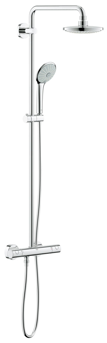 Система душевая Grohe Euphoria, с термостатом27420001 Система душевая Grohe Euphoria, с термостатом27420001Душевая система Grohe Euphoria воплощает в себе стильную простоту и комфорт в использовании. Многофункциональная система состоит из верхнего душа, смесителя с термостатом и душа ручного. Верхний душ вмонтирован, выступающая часть удобно изогнута. Термостат позволяет автоматически поддержать заданную температуру воды, а также постоянного ее напора (расхода).Система удобна в работе, практична в использовании, позволяя разнообразить прием душевых процедур. Особенности:- Превосходный поток воды Grohe DreamSpray®;- Хромированная поверхность Grohe StarLight®;- Встроенный термоэлемент Grohe TurboStat® с системой SpeedClean против известковых отложений;- Внутренний охлаждающий канал для продолжительного срока службы;- Twistfree против перекручивания шланга;- Совместим с проточным водонагревателем от 18 kВ/ч;- Минимальное давление 1,0 бар.Диаметр ручного душа: 11 см. Диаметр верхнего душа: 18 см. Длина поворотного кронштейна: 39 см. Угол поворота кронштейна: ± 15°.Высота шланга: 175 см.