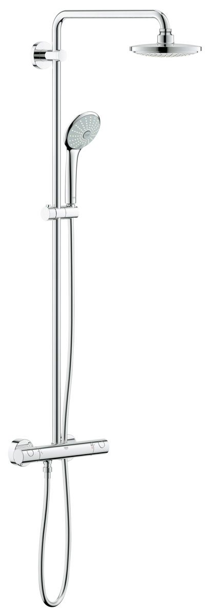 Система душевая Grohe Euphoria, с термостатом, с ограничением расхода воды27615000 Система душевая Grohe Euphoria, с термостатом, с ограничением расхода воды27615000Душевая система Grohe Euphoria воплощает в себе стильную простоту и комфорт в использовании. Многофункциональная система состоит из верхнего душа, смесителя с термостатом и душа ручного. Верхний душ вмонтирован, выступающая часть удобно изогнута. Термостат позволяет автоматически поддержать заданную температуру воды, а также постоянного ее напора (расхода).Система удобна в работе, практична в использовании, позволяя разнообразить прием душевых процедур. Особенности:- Технология совершенного потока при уменьшенном расходе воды GROHE EcoJoy®;- Превосходный поток воды Grohe DreamSpray®;- Хромированная поверхность Grohe StarLight®;- Встроенный термоэлемент Grohe TurboStat® с системой SpeedClean против известковых отложений;- Внутренний охлаждающий канал для продолжительного срока службы;- Twistfree против перекручивания шланга;- Совместим с проточным водонагревателем от 18 kВ/ч;- Минимальное давление 1,0 бар.Диаметр ручного душа: 11 см. Диаметр верхнего душа: 18 см. Длина поворотного кронштейна: 45 см. Угол поворота кронштейна: ± 15°.Высота шланга: 175 см.Ограничитель расхода воды: 9,5 л/мин.