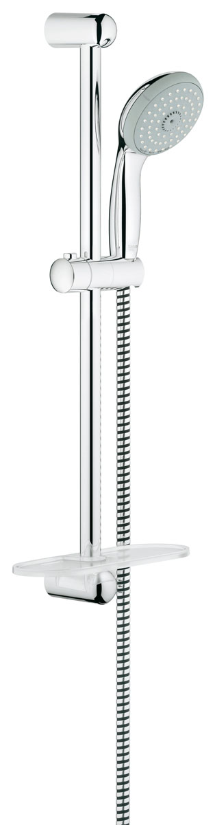 Душевой гарнитур Grohe Tempesta Classic, с полочкой27927000 Душевой гарнитур Grohe Tempesta Classic, с полочкой27927000Душевой комплект Grohe воплощает в себе стильную простоту и комфорт в использовании. Комплект состоит из ручного душа, душевой штанги (600 мм) и шланга (1750 мм), изготовленных из высококачественной латуни. Хромированное покрытие StarLight придает изделию яркий металлический блеск и эстетичный внешний вид. Душевой комплект Grohe удобен и практичен в работе.Особенности:- превосходный поток воды;- система SpeedClean против известковых отложений;- внутренний охлаждающий канал для продолжительного срока службы.