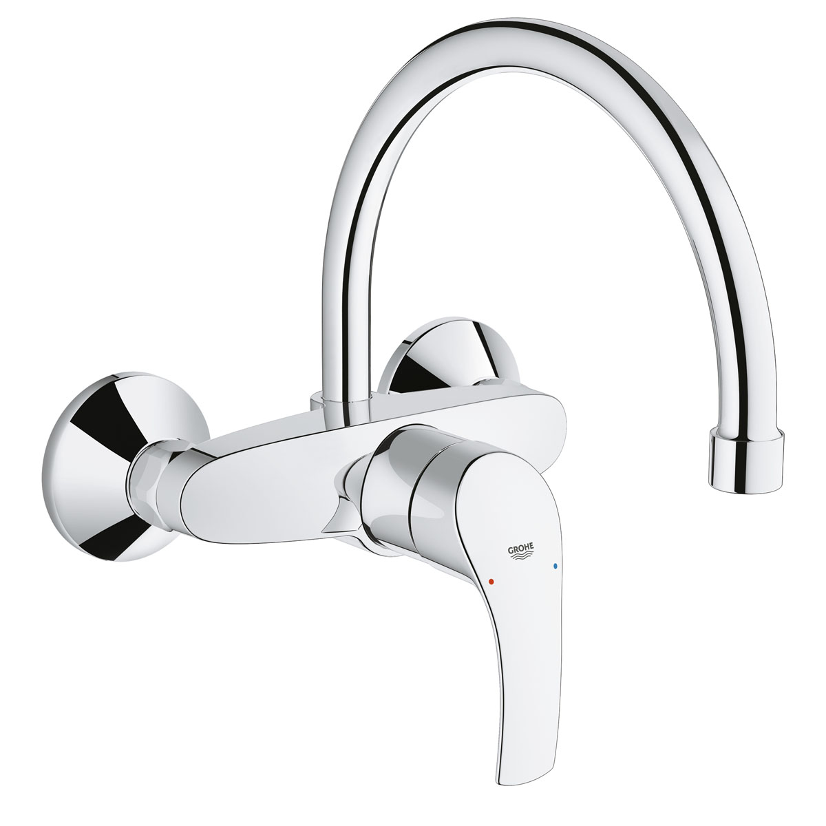 Смеситель для кухни Grohe Eurosmart New, с высоким изливом32482002 Смеситель для кухни Grohe Eurosmart New, с высоким изливом32482002Смеситель для кухни Grohe Eurosmart New оснащен удобным поворотным изливом, который обеспечит вам максимум свободы действий при повседневной работе на кухне. Благодаря технологии SilkMove, которая применяется в конструкции картриджа, данный смеситель позволяет плавно регулировать температуру и напор воды. Специальная система упрощенного монтажа позволит вам выполнить настенный монтаж этого смесителя для мойки с минимальными затратами времени. Благодаря хромированному покрытию StarLight, этот смеситель украсит вашу кухню своим эффектным блеском. Смеситель также оснащен эргономичным рычагом управления, откликающимся на минимальное усилие, и ограничителем температуры, предотвращающим ошпаривание.