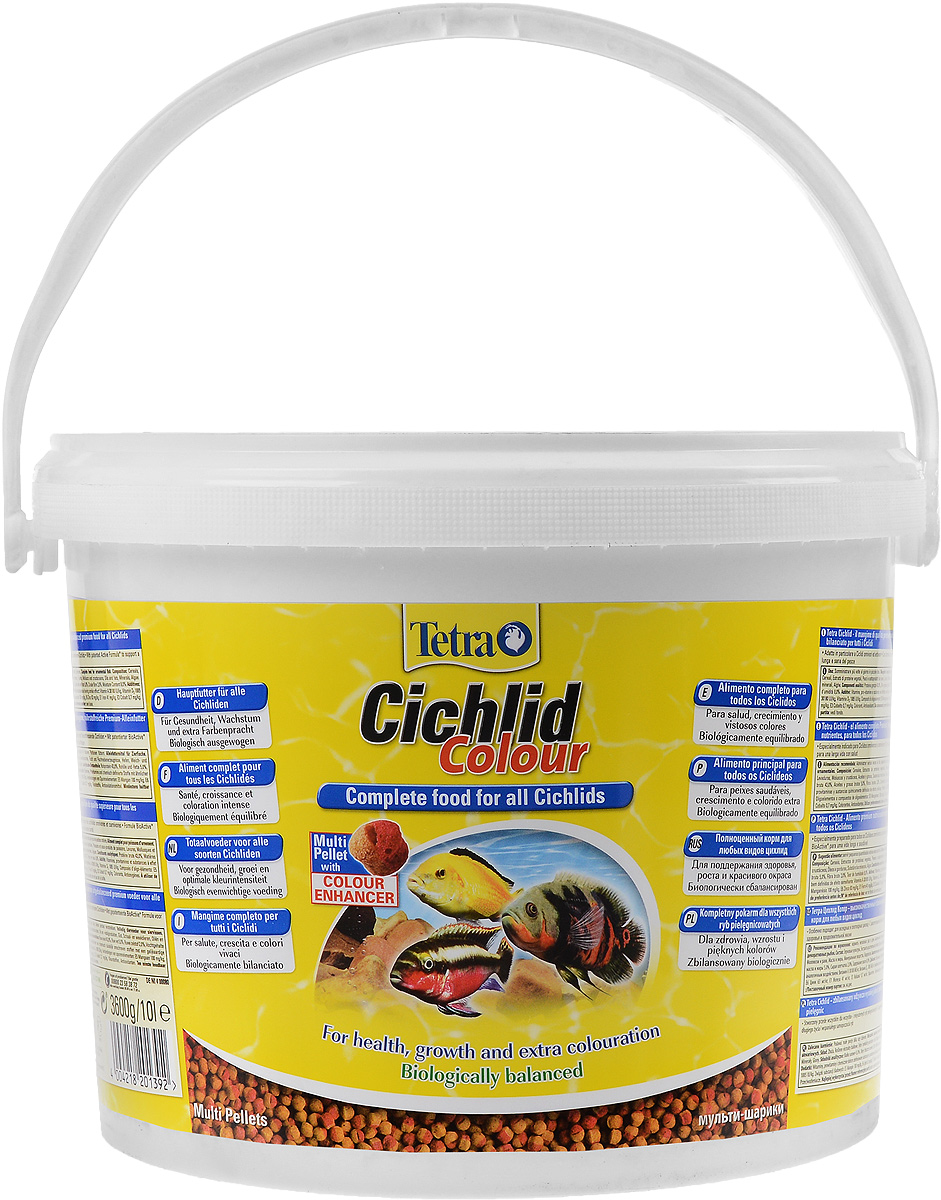 Корм сухой Tetra Cichlid. Colour для любых видов цихлид, шарики, 10 л (3,6 кг)201392 Корм сухой Tetra Cichlid. Colour для любых видов цихлид, шарики, 10 л (3,6 кг)201392Полноценный растительный корм Tetra Cichlid. Colour для всех видов цихлид разработан для поддержания здоровья, роста и красивого окраса. Особенности Tetra Cichlid. Colour:- богатое содержание высококачественного белка и других питательных веществ удовлетворяет потребности в питании.- новая форма корма в виде шариков с полезным концентратом содержит природные усилители цвета для яркой окраски все видов красных, оранжевых и желтых цихлид. Особенно подходит для всеядных и травоядных цихлид. Запатентованная формула BioActive - для поддержания здоровья и продолжительной жизни. Рекомендации по кормлению: кормить несколько раз в день маленькими порциями.Состав: зерновые культуры, экстракты растительного белка, рыба и побочные рыбные продукты, дрожжи, моллюски и раки, масла и жиры, водоросли, минеральные вещества.Пищевая ценность: сырой белок - 43%, сырые масла и жиры - 5%, сырая клетчатка - 2%, влага - 8%.Добавки: витамины, провитамины и химические вещества с аналогичным воздействием, витамин А 30180 МЕ/кг, витамин Д3 1885МЕ/кг. Комбинации элементов: Е5 Марганец 100 мг/кг, Е6 Цинк 63 мг/кг, Е1 Железо 41 мг/кг, Е3 Кобальт 0,7 мг/кг. Красители, антиоксиданты.Товар сертифицирован.