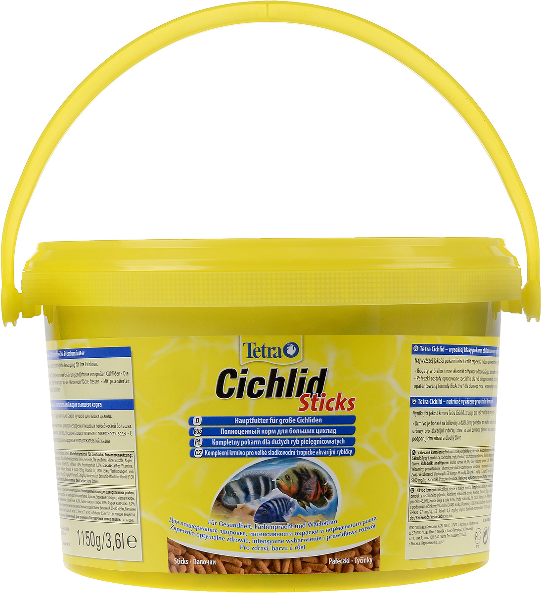 Корм сухой Tetra Cichlid. Sticks для больших цихлид, палочки, 3,6 л (1,15 кг)193802 Корм сухой Tetra Cichlid. Sticks для больших цихлид, палочки, 3,6 л (1,15 кг)193802Корм Tetra Cichlid. Sticks - это биологически сбалансированный корм в виде палочек, предназначенный для больших цихлид. Корм богат белками и другими питательными веществами для удовлетворения пищевых потребностей больших цихлид,Палочки разработаны специально для цихлид, предпочитающих питаться с поверхности воды. Запатентованная формула BioActive поддерживает здоровую иммунную систему рыб. Рекомендации по кормлению: кормите не менее 2-3 раз в день в таком количестве, которое ваши рыбы могут съесть в течение нескольких минут.Состав: рыба и побочные рыбные продукты, растительные продукты, экстракты растительного белка, дрожжи, зерновые культуры, масла и жиры, водоросли, минеральные вещества. Аналитические компоненты: сырой белок - 46%, сырые масла и жиры - 8%, сырая клетчатка - 2%, влага - 6%. Добавки: витамины, провитамины и химические вещества с аналогичным воздействием, витамин А 30480 МЕ/кг, витамин Д3 1900 МЕ/кг. Комбинации элементов: Е5 Марганец 69 мг/кг, Е6 Цинк 41 мг/кг, Е1 Железо 27 мг/кг, Е3 Кобальт 0,5 мг/кг. Красители, антиоксиданты.Товар сертифицирован.