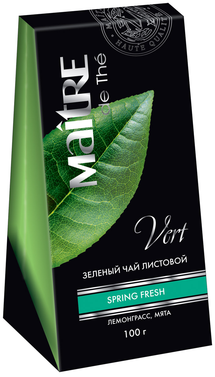 Maitre Spring Fresh зеленый листовой чай, 100 гбай003 Maitre Spring Fresh зеленый листовой чай, 100 гбай003Чай зеленый байховый листовой с добавками растительного сырья. Дивный купаж зеленого китайского чая, лемонграсса и мяты. Обладает освежающим и нежным ароматом и вкусом.