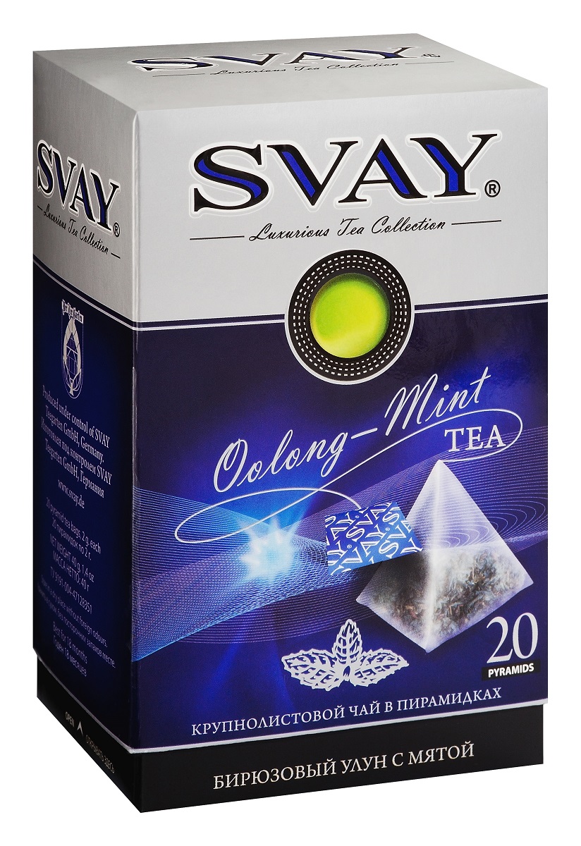 Svay Oolong-Mint зеленый чай в пирамидках, 20 шт4607003044046 Svay Oolong-Mint зеленый чай в пирамидках, 20 шт4607003044046Чай зеленый байховый китайский крупнолистовой улун с мятой в пирамидках. Загадочный бирюзовый чай улун хранит таинство настоящего чаепития. Особое очарование чаю придает органичное единение глубокого вкуса улуна и легкой свежести листочков мяты. Вкусы Luxurious Tea Collection мягкие, роскошные, благородные. Как хорошее вино, они имеют несколько ступеней наслаждения. Сначала напиток раскрывается в аромате, затем при первом глотке и далее в послевкусии.