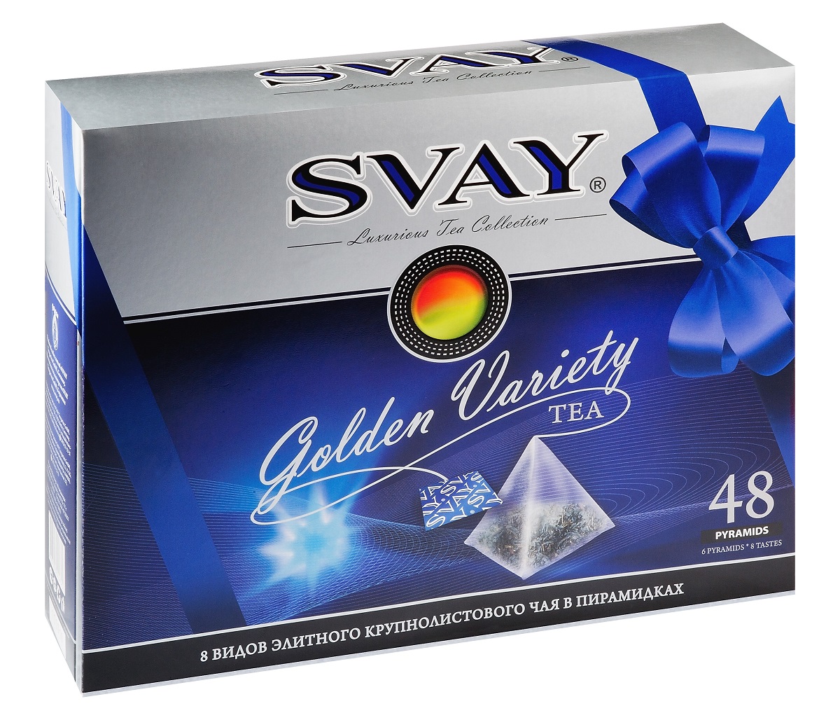 Svay Golden Variety набор чая в пирамидках, 48 шт (8 видов)4607003044725 Svay Golden Variety набор чая в пирамидках, 48 шт (8 видов)4607003044725Коллекция Svay Golden Variety - это элитные сорта чая, только натуральные компоненты и исключительно высшее качество продукта. Вкусы Luxurious Tea Collection мягкие, роскошные, благородные - результат уникального труда специалистов немецкой компании Teegarten. Как хорошее вино, они имеют несколько ступеней наслаждения. Сначала напиток раскрывается в аромате, затем при первом глотке и далее в послевкусии. Коллекция включает 8 видов крупнолистового чая высшего сорта в пирамидках: - Чай черный байховый цейлонский крупнолистовой- Чай черный байховый кенийский крупнолистовой- Чай черный байховый китайский крупнолистовой с черносливом- Чай черный байховый китайский крупнолистовой кимун с клубникой- Чай зеленый байховый китайский крупнолистовой- Чай зеленый байховый китайский крупнолистовой с цветами жасмина- Чай зеленый байховый китайский крупнолистовой улун с мятой- Чай травяной ройбуш с травами и малиной