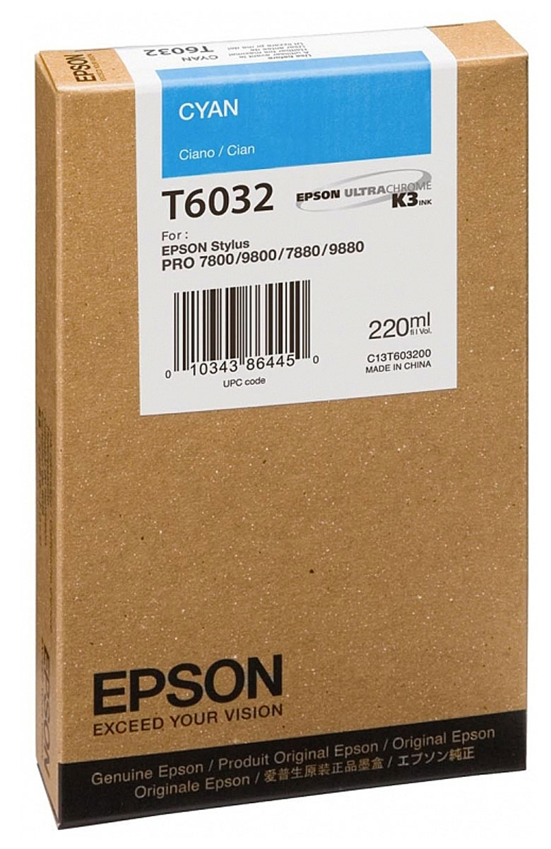 Epson T6032 (C13T603200), Cyan картридж для Stylus PRO 7800/7880/9800/9880C13T603200 Epson T6032 (C13T603200), Cyan картридж для Stylus PRO 7800/7880/9800/9880C13T603200Картридж Epson T6032 для струйных принтеров Epson Stylus PRO 7800/7880/9800/9880.Расходные материалы Epson для печати максимизируют характеристики принтера. Обеспечивают повышенную четкость изображения и плавность переходов оттенков и полутонов, позволяют отображать мельчайшие детали изображения. Обеспечивают надежное качество печати.