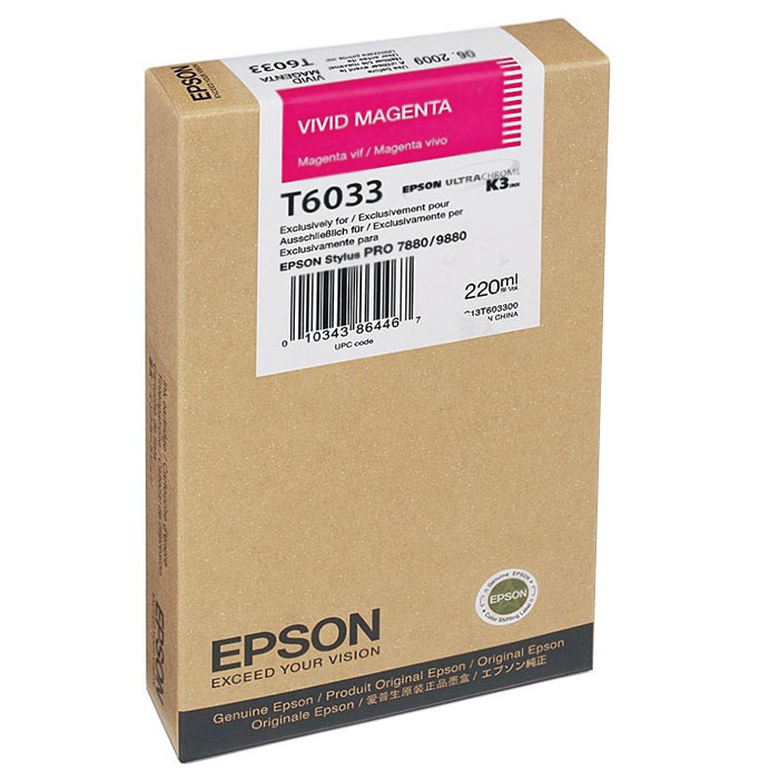 Epson T6033 (C13T603300), Vivid Magenta картридж для Stylus PRO 7880/9880C13T603300 Epson T6033 (C13T603300), Vivid Magenta картридж для Stylus PRO 7880/9880C13T603300Картридж Epson T6033 для струйных принтеров Epson Stylus PRO 7880/9880.Расходные материалы Epson для печати максимизируют характеристики принтера. Обеспечивают повышенную четкость изображения и плавность переходов оттенков и полутонов, позволяют отображать мельчайшие детали изображения. Обеспечивают надежное качество печати.