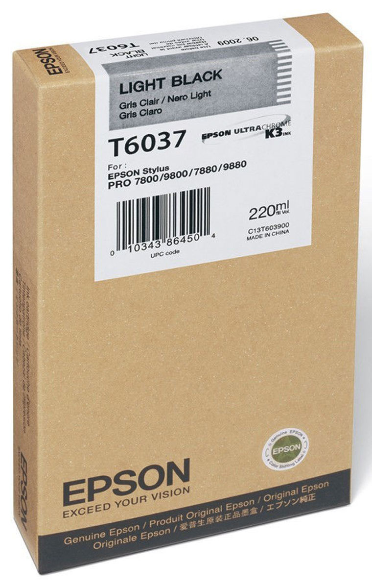 Epson T6037 (C13T603700), Light Black картридж для Stylus PRO 7800/7880/9800/9880C13T603700 Epson T6037 (C13T603700), Light Black картридж для Stylus PRO 7800/7880/9800/9880C13T603700Картридж Epson T6037 для струйных принтеров Epson Stylus PRO 7800/7880/9800/9880.Расходные материалы Epson для печати максимизируют характеристики принтера. Обеспечивают повышенную четкость изображения и плавность переходов оттенков и полутонов, позволяют отображать мельчайшие детали изображения. Обеспечивают надежное качество печати.