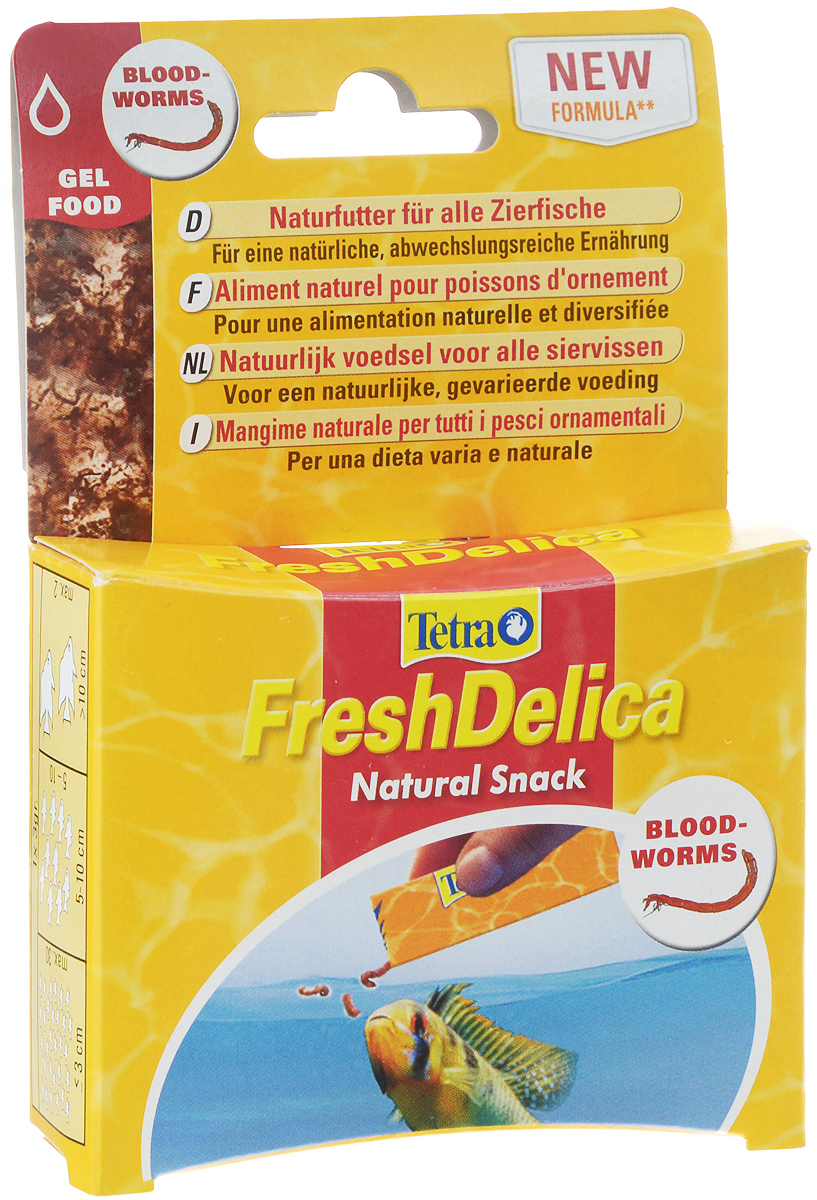 Лакомство для рыб Tetra FreshDelica Bloodworms, с мотылем, желе, 48 г768741 Лакомство для рыб Tetra FreshDelica Bloodworms, с мотылем, желе, 48 г768741Лакомство для рыб Tetra FreshDelica Bloodworms - это инновационный питательный натуральный корм, насыщенное желе для любых тропических рыбок. Обеспечивает рыбкам естественный, разнообразный и здоровый рацион, а вам - удовольствие от кормления и общения со своими питомцами. Это идеальная кормовая добавка для использования в сочетании с основным кормом TetraMin. Особенности: - Натуральное угощение для любых декоративных рыбок. - Содержит цельные водные организмы, находящиеся в желе, обогащенном витаминами и питательными веществами. - Свежий и натуральный вкус обязательно понравится рыбам. - Для целевого здорового кормления, которое принесет больше удовольствия от общения со своими питомцами. - Упакован в стерильные свободные от микробов удобные пакетики (16 шт по 3 г). - Содержит в два раза больше питательных веществ, чем замороженный корм. - Удобная, натуральная и безопасная альтернатива замороженному корму. - Без добавления консервантов. Кормить несколько раз в неделю в качестве добавки к основному рациону. Товар сертифицирован.