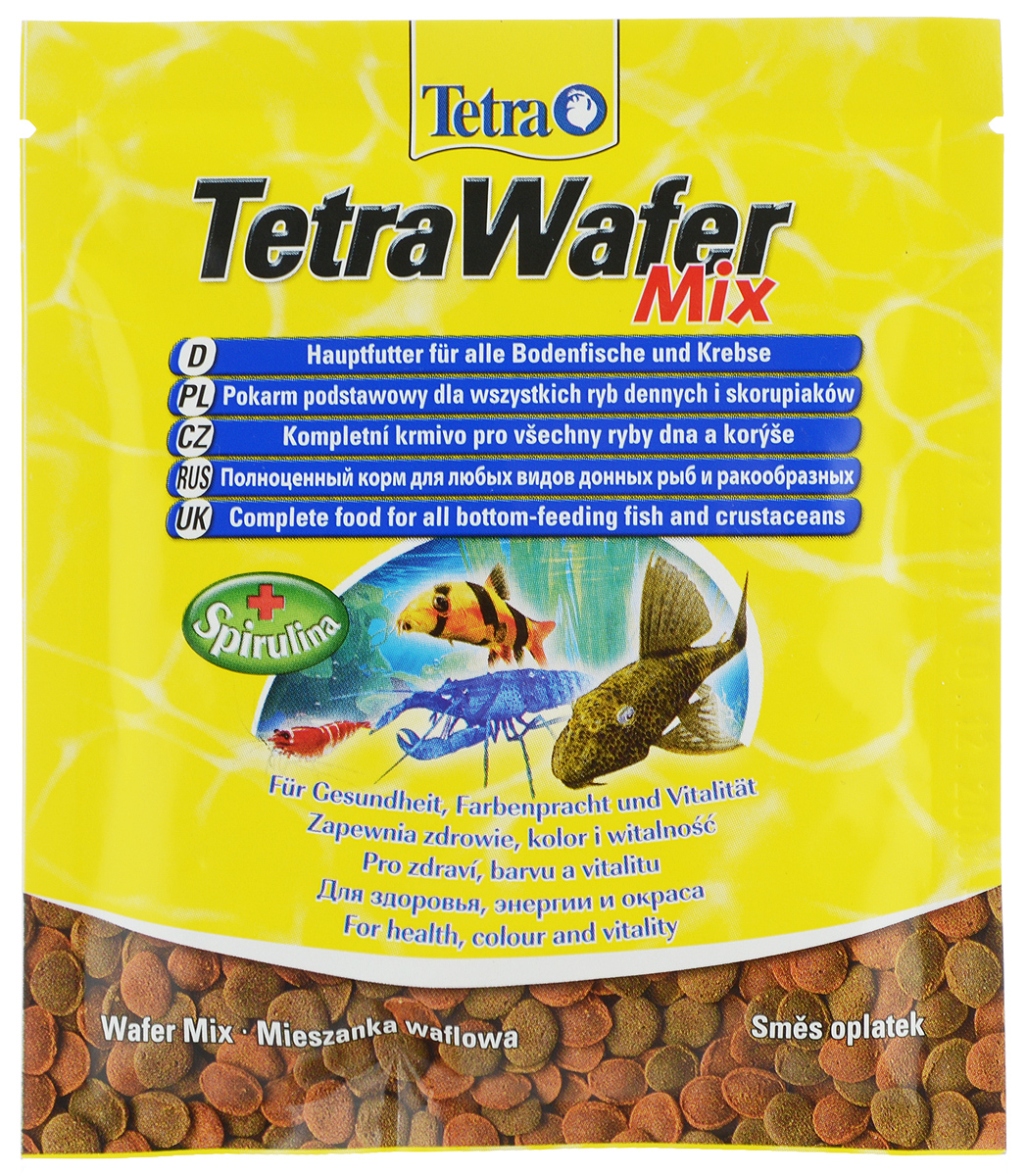 Корм Tetra TetraWafer Mix для всех видов донных рыб и ракообразных, пластинки, 15 г134461 Корм Tetra TetraWafer Mix для всех видов донных рыб и ракообразных, пластинки, 15 г134461Корм Tetra TetraWafer Mix - это высококачественная смесь основного корма и креветок для кормления травоядных, хищных и донных рыб. Идеально подходит для кормления ракообразных (креветок, крабов, раков), сомовых и других придонных обитателей. Для травоядных донных рыб в аквариуме идеально подходят зеленые пластинки из водорослей спирулины, а коричневые - идеальны для хищников. Корм не мутит и не загрязняет воду благодаря плотному составу. Форма пластинок соответствует свойствам природного корма, позволяет кормить рыб разных размеров. Множество отборных высококачественных компонентов, витаминов, минералов и аминокислот обеспечивают питательными и энергетическими потребностями даже наиболее требовательных видов аквариумных рыб. Рекомендации оп кормлению: кормить несколько раз в день маленькими порциями. Состав: рыба и побочные рыбные продукты, экстракты растительного белка, зерновые культуры, растительные продукты, моллюски и раки, дрожжи, водоросли (спирулина 1,5%), минеральные вещества, масла и жиры.Аналитические компоненты: сырой белок - 45%, сырые масла и жиры - 6%, сырая клетчатка - 2%, содержание влаги - 9%. Добавки: витамины, провитамины и химические вещества с аналогичным воздействием. Товар сертифицирован.