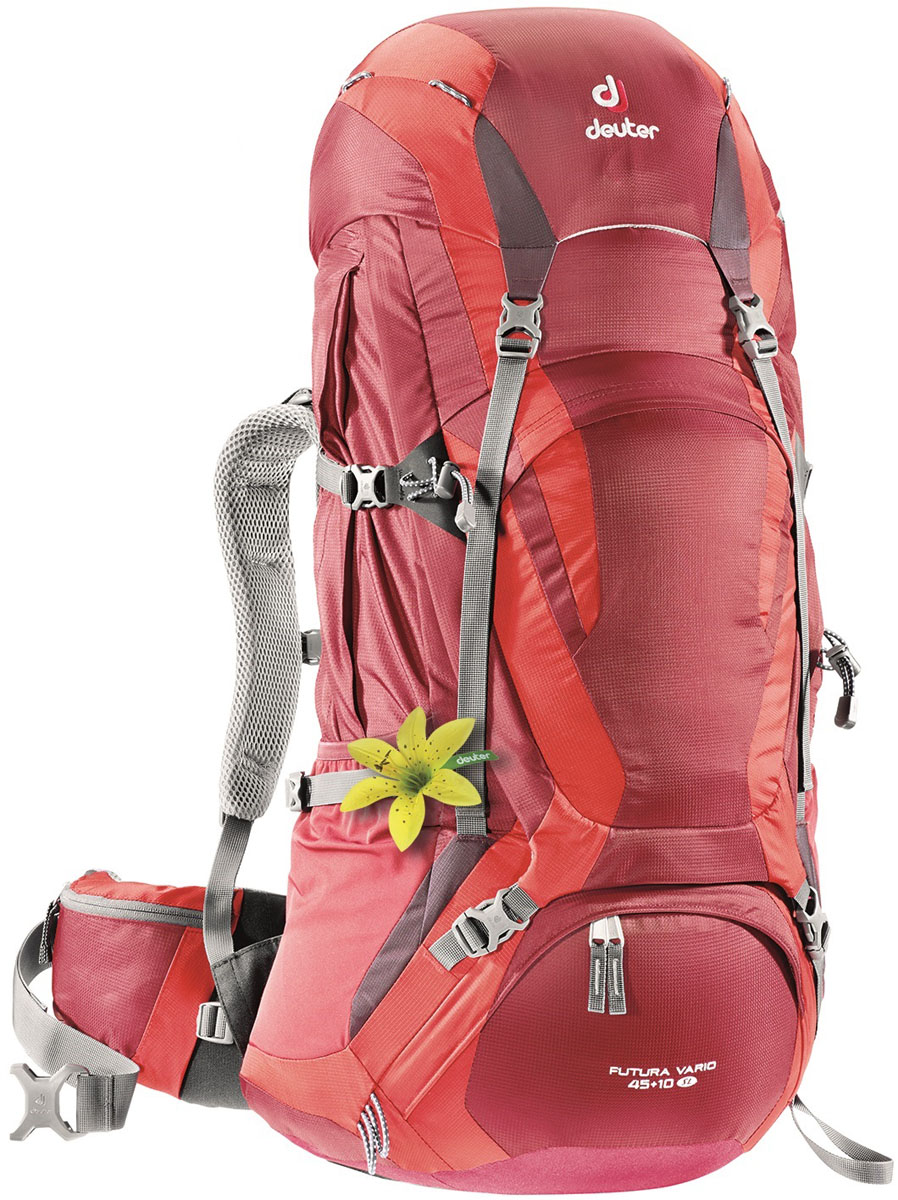 Рюкзак Deuter Futura Vario 45 + 10 SL , цвет: красный, 45+10 л34304_5560 Рюкзак Deuter Futura Vario 45 + 10 SL , цвет: красный, 45+10 л34304_5560Deuter Futura Vario - оригинальный рюкзак с климат контролем для перемещения больших грузов во время длительных горных походов и трекинга. Сочетание легкого, овального стального каркаса и крыльев набедренного пояса Vari Flex обуславливает гибкость и удобство при использовании рюкзака. Оригинальные системы подвески Vari Fit System легко и просто подогнать под любой рост. Дополнением к этому, двухсторонние молнии на передней части рюкзака по кругу, гарантируют легкий доступ к багажу, даже при закрытой верхней крышке.Особенности: - уникальная система вентиляции Aircomfort Vario Pro System; - удобные набедренные крылья; -оригинальный пояс с пряжками Pull-Forward, которые просто застегнуть даже с большим грузом; - эластичные плечевые лямки, подшитые дышащим материалом Wide Air-Mesh и крепкие, надежные стропы для стабилизации; - просторный, удобный карман для мелочи в набедренном поясе; - вместительные боковые карманы со складками; - большое отделение в верхнем клапане, с внутренним карманом для маленьких вещей; - мягкие компрессионные ремни; - вместительный карман на молнии в передней части рюкзака; - объемные боковые карманы; - отделение для влажной одежды; - надежные петли для телескопических палок и ледового снаряжения; - крепкие петли на верхнем клапане для навески дополнительного багажа; - верхний клапан, регулируемый по высоте; - дополнительное нижнее отделение из особо прочной ткани Duratex; - универсальное крепление для питьевой трубки со светоотражателем; Вес: 2200 г. Объём: 45+10 л. Размеры: 74 x 34 x 28 см.
