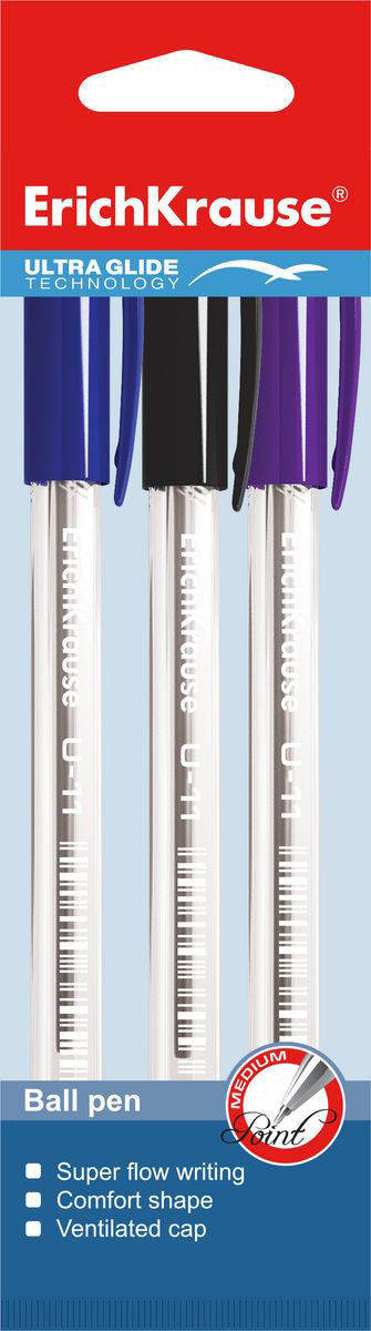 Erich Krause Набор шариковых ручек Ultra Glide Technology U-11 3 шт37095 Erich Krause Набор шариковых ручек Ultra Glide Technology U-11 3 шт37095Набор шариковых ручек Erich Krause Ultra Glide Technology U-11 станет незаменимым помощником в учебе или работе.Ручки с уникальной технологией Ultra Glide, обеспечивающей великолепное мягкое письмо, позволяют долго и легко писать практически без усилий. Треугольный корпус ручки со специальными насечками обеспечивает удобный захват и препятствует скольжению пальцев при письме. Цвет колпачка и заглушки соответствует цвету чернил. Товар предназначен для письма на бумаге.