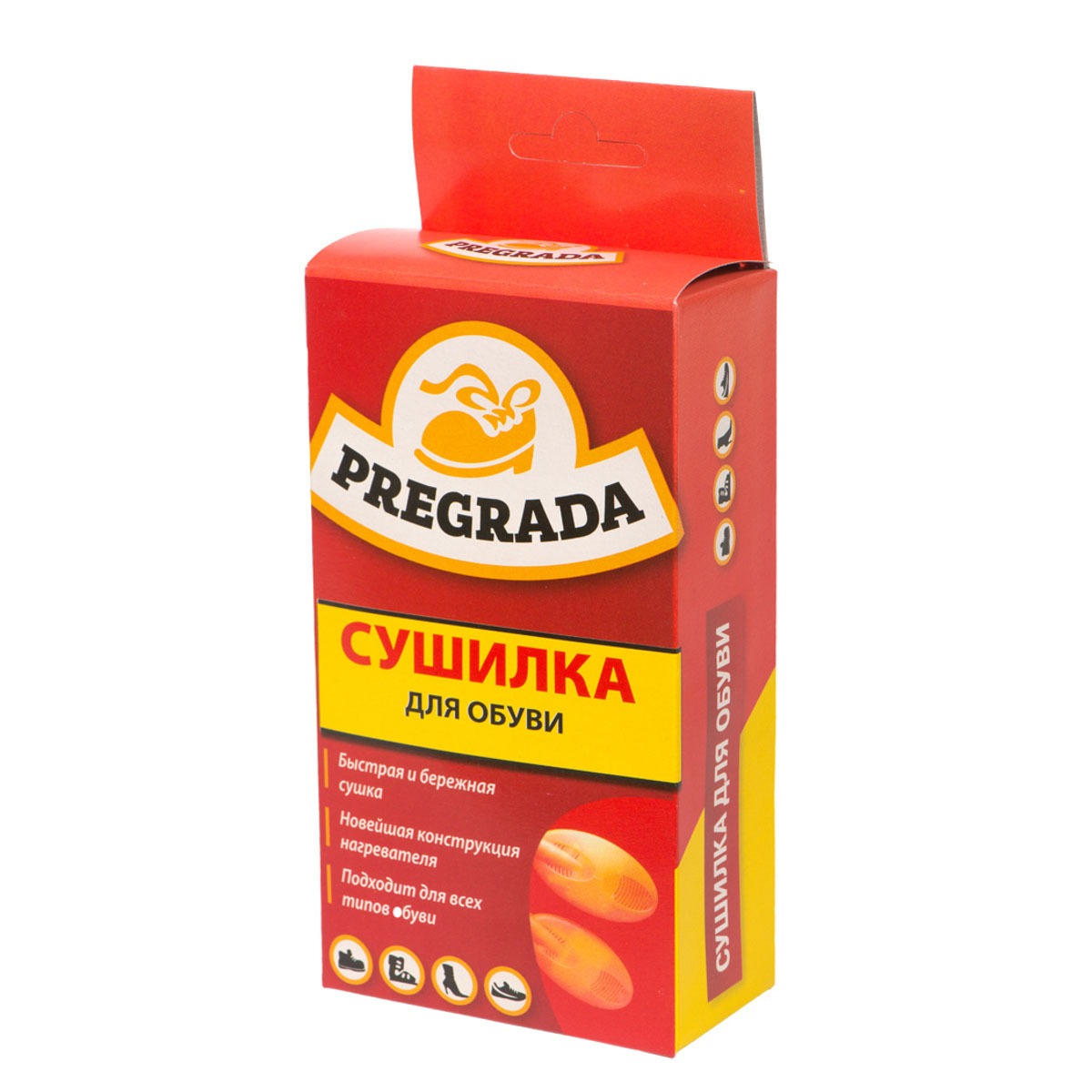 Сушилка для обуви Pregrada электрическаяHS.050001 Сушилка для обуви Pregrada электрическаяHS.050001Сушилка для обуви Pregrada предназначена для нагрева и просушивания обуви в домашних условия. Питание сушилки осуществляется от однофазной сети переменного тока напряжением 220 В, частотой 50 Гц. Время непрерывной работы сушилки не более 12 часов в сутки. Сушилка позволяет одновременно нагревать, или просушивать одну пару обуви. Благодаря компактному размеру, сушилка идеально подходит для всех типов обуви.Способ применения:Поместить каждый из нагревателей сушилки в отдельную единицу обуви ножками вниз;Подключить к сети;Когда обувь будет нагрета до нужной температуры или просушена (6-8 часов), отключить сушилку от сети;Извлечь нагреватели сушилки из обуви.МЕРЫ ПРЕДОСТОРОЖНОСТИ:Не использовать для просушивания других предметов;Не эксплуатировать сушилку, имеющую механические повреждения;При повреждении шнура питания во избежание опасности его должен заменить изготовитель, или его агент, или аналогичное квалифицированное лицо;Предохранять сушилку от попадания вовнутрь ее нагревательных элементов посторонних предметов, воды и других жидкостей;Не использовать вблизи легковоспламеняющихся предметов;Не помещать другие предметы в обувь во время работы сушилки;Беречь от детей.Размер одной сушилки: 9 х 5 х 1,5 см.