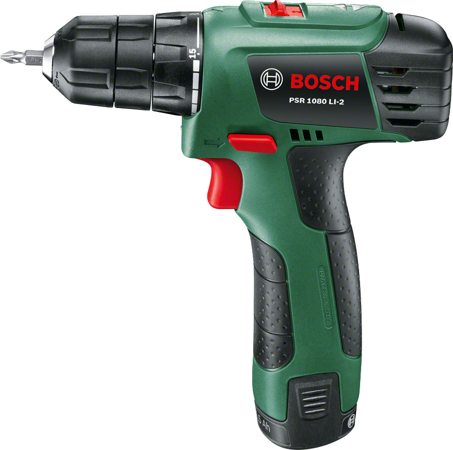 Дрель-шуруповерт Bosch PSR 1080 Li-2, аккумуляторная06039A2100 Дрель-шуруповерт Bosch PSR 1080 Li-2, аккумуляторная06039A2100Аккумуляторная дрель-шуруповерт Bosch PSR 1080 Li-2 оснащена мощным планетарным редуктором, который обеспечивает оптимальную передачу усилия и долгий срок службы. Быстрозажимной патрон способствует простой смене оснастки. Предусмотрена электронная регулировка оборотов, которая регулируется путем нажатия на клавишу Пуск. Наличие реверса позволяет выкручивать шурупы, а так же он необходим при заклинивании сверла в заготовке.Комплектация: 3-часовое зарядное устройство, двойная бита, пластмассовый кейс, аккумуляторный блок (1,5 А*ч)Технические характеристики:- тип аккумулятора: Li-On, - количество скоростей: 2, - диаметр шурупов: 6 мм, - диаметр сверления в стали: 6 мм, - диаметр сверления в древесине: 20 мм,- число оборотов на холостом ходу (1-ая/2-ая скорость): 0-430/1600 об/мин, - максимальный крутящий момент при заворачивании шурупов в мягкий/твердый материал: 11/20 Нм, - напряжение аккумулятора: 10,8 В,- емкость аккумулятора: 1.5 А/ч,- встроенная подсветка,- вес: 1 кг