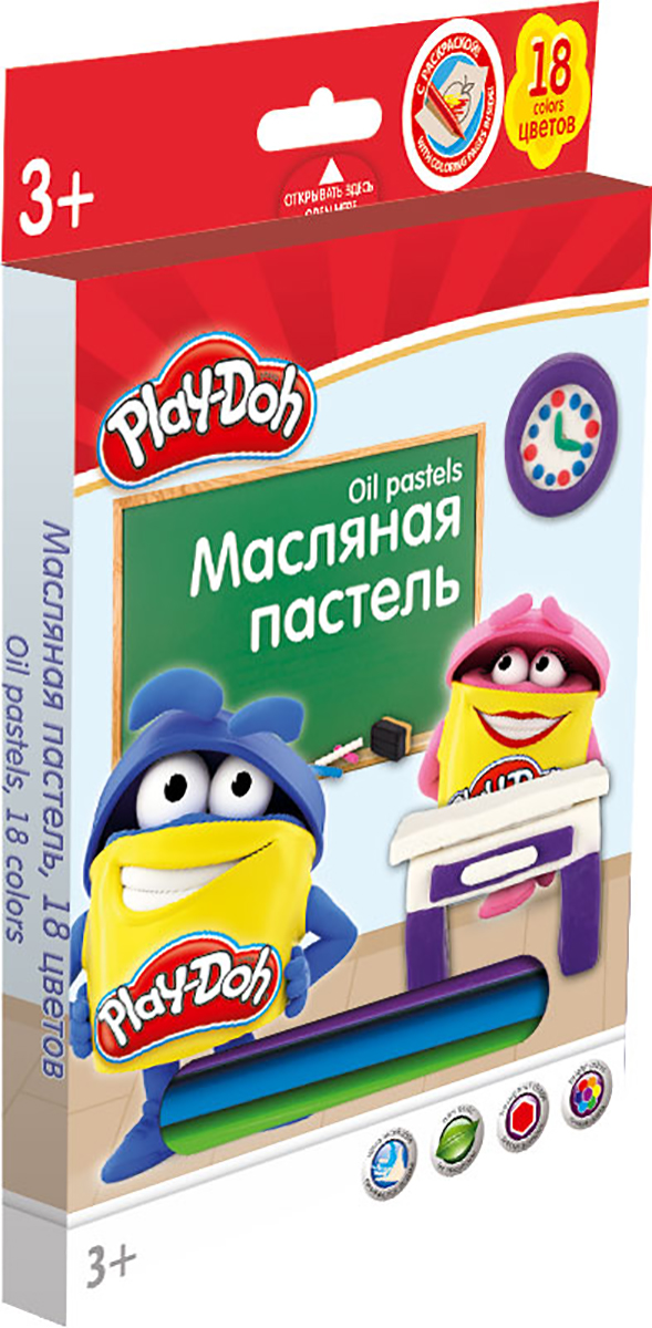 Play-Doh Краска пастель масляная 18 цветовPDCP-US1-OILPAST18 Play-Doh Краска пастель масляная 18 цветовPDCP-US1-OILPAST18Масляная пастель Play-Doh легко ложится на бумагу с большей цветовой плотностью и создает мягкие штрихи. Она не выгорает на солнце, не темнеет и не трескается. Цвета легко смешиваются между собой. Так же следы на руках и одежде от масляной пастели хорошо смываются обычной водой. Размер 1 мелка: длина 7,2 см, диаметр 1,1 см. Каждый мелок обклеен бумажной оберткой, Шестиугольная форма. Масляная пастель абсолютно безопасна для детей и соответствует строжайшим европейским стандартам.