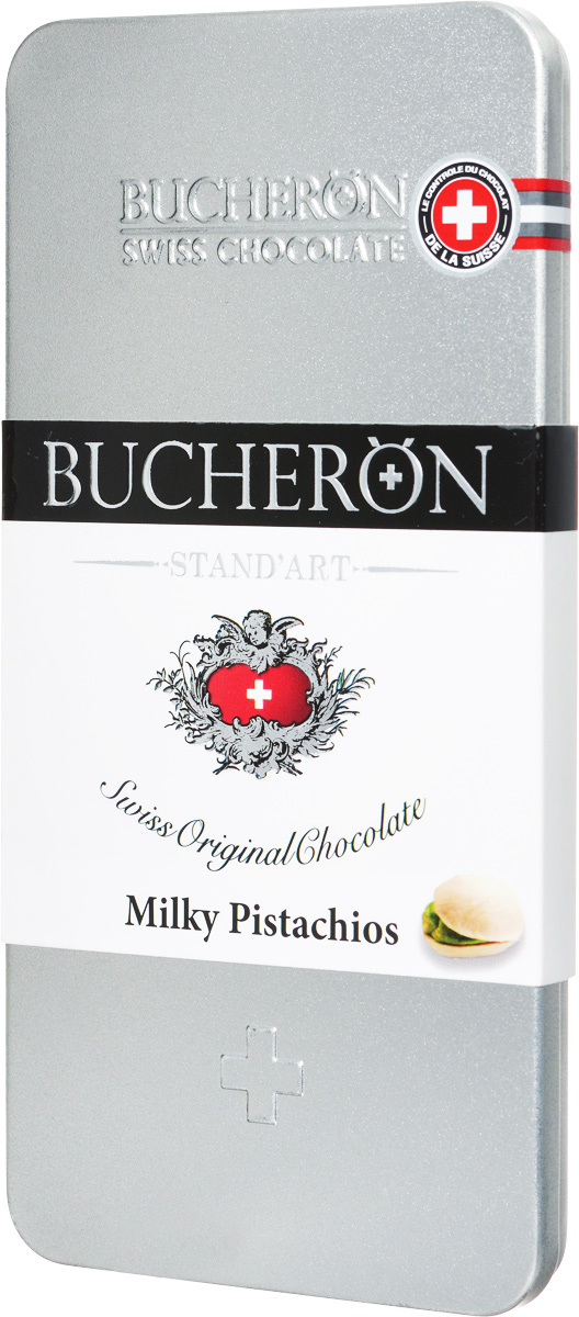 Bucheron Молочный шоколад с фисташками, 100 г14 6775 Bucheron Молочный шоколад с фисташками, 100 г14 6775Шоколад премиум класса Bucheron, упакованный в серебряную жестяную упаковку, - это настоящий швейцарский молочный шоколад с фисташками. Молочный шоколад Бушерон был приготовлен из какао-бобов Criollo из Кот-дИвуар, скрывающих в себе оттенки топленого молока, бананов, нежнейшего бисквита и овсяного печенья.Ярославская кондитерская фабрика выпускает этот шоколад под полным контролем швейцарского концерна Барри Каллебаут. Барри Каллебаут - ведущий в мире производитель высококачественного шоколада и какао-продуктов. Компания осуществляет полный цикл операций от закупки и обработки какао-бобов до производства готовых шоколадных продуктов высшего класса.