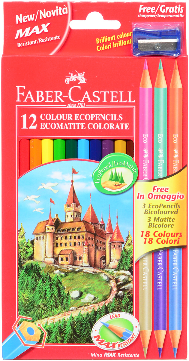 Faber-Castell Набор цветных карандашей Eco 18 цветов с точилкой цвет точилки синий111215_синяя точилка Faber-Castell Набор цветных карандашей Eco 18 цветов с точилкой цвет точилки синий111215_синяя точилкаВ наборе Faber-Castell 12 цветных шестигранных карандашей, не требующих сильного нажатия. Карандаши обладают яркими цветами, безопасны при использовании по назначению, легко затачиваются, изготовлены из высококачественной древесины, имеют прочный грифель. Набор дополнен тремя круглыми карандашами, каждый из которых имеет по два цвета. Набор карандашей откроет юным художникам новые горизонты для творчества, поможет отлично развить мелкую моторику рук, цветовое восприятие, фантазию и воображение.Корпус изготовлен из натуральной древесины, гладкость которой обеспечена многослойной покраской. Карандаши удобно держать в руках, а мягкий грифель не требует сильного нажима и легко стирается ластиком. Вместе с карандашами в наборе имеется точилка синего цвета из прочного пластика с рифленой областью захвата. Острое стальное лезвие обеспечивает высококачественную и точную заточку деревянных карандашей. В комплект входит 15 цветных карандашей, точилка.
