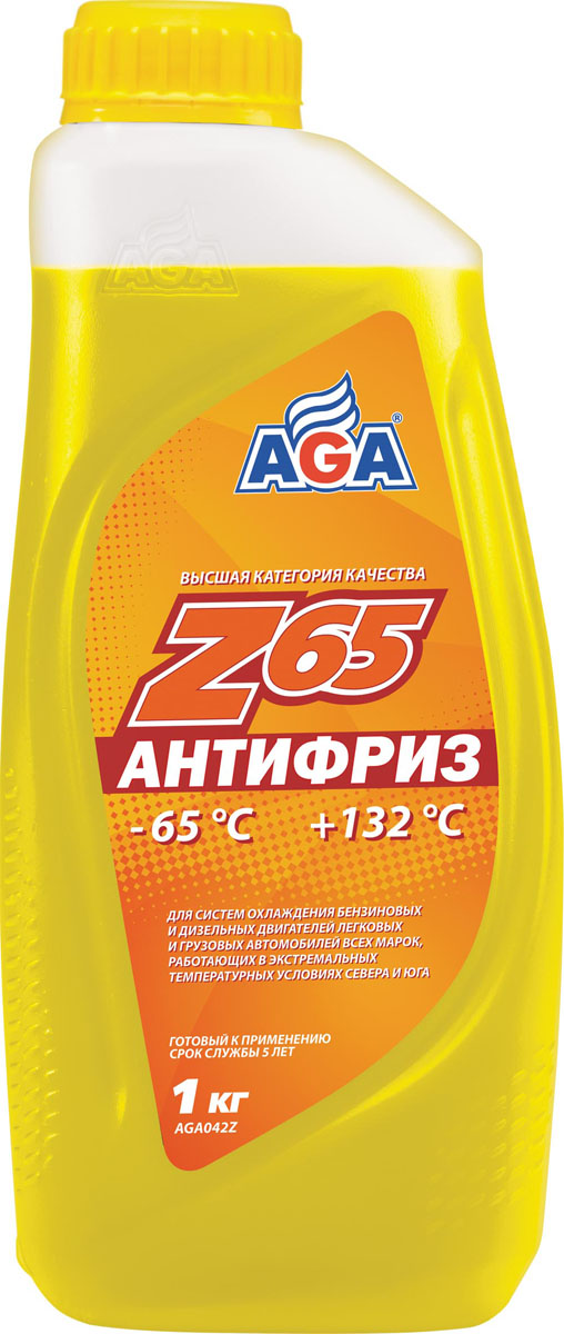 Антифриз AGA, готовый, цвет: желтый, 1 кгAGA 042 Z Антифриз AGA, готовый, цвет: желтый, 1 кгAGA 042 ZАнтифриз AGA отличается высокой термостабильностью и пролонгированной работоспособностью присадок. Обеспечивает повышенную защиту всех металлов от коррозии и кавитации. Разработан с учетом требований: ASTM D 4985/5345; BMW N600 69.0; DaimlerChrysler DBL 7700.20; Audi, Porsche, Seat, Skoda, VW TL 774?F, type G-12+; Ford WSS-M97 B44–D, ТТМ АвтоВАЗ.Срок службы - до 5 лет, или 150 000 км пробега. Рабочий диапазон температур: от -65 до +132 °C.