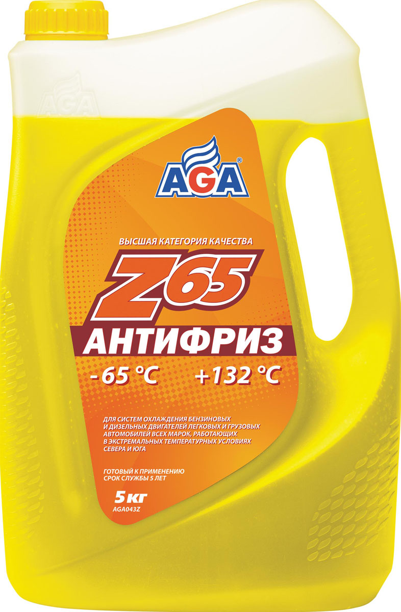 Антифриз AGA Z65, готовый, цвет: желтый, 5 кгAGA 043 Z Антифриз AGA Z65, готовый, цвет: желтый, 5 кгAGA 043 ZГотовый антифризAGA Z65 применяется на легковых и грузовых автомобилях с любым типом двигателя от разных производителей. Рекомендуется для форсированных двигателей, с турбонаддувом, интеркулером, а также для автомобилей, которые эксплуатируются в зимних условиях и местах с недостаточным обдувом, например, в городе.Производителями дается гарантия, что охлаждающая жидкость будет эффективно работать без замены более 150000 километров или 5 лет эксплуатации. При этом допустимо смешивать антифриз Z65 с другими тосолами и антифризами высокого качества любого цвета, если в их основе лежит этиленгликоль.В составе антифриза находится присадки, которые обеспечивают:- высокую теплоемкость;- применение в диапазоне температур в пределах от -65°С до +132°С;- антикоррозионные, противопенные, антиокислительные и антифрикционные характеристики;- защиту от старения резиновых деталей.Разработан с учетом требований: ASTM D 4985/5345; BMWN600 69.0; DaimlerChrysler DBL 7700.20; Audi,Porsche, Seat, Skoda, VW TL 774?F, type G-12+; FordWSS-M97 B44–D, ТТМ АвтоВАЗ.Товар сертифицирован.