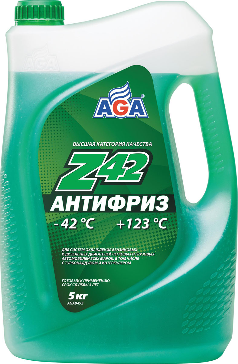 Антифриз AGA Z42, готовый, цвет: зеленый, 5 кгAGA 049 Z Антифриз AGA Z42, готовый, цвет: зеленый, 5 кгAGA 049 ZГотовый антифриз AGA Z42 применяется на машинах разных производителей как отечественных, так и зарубежных, с моторами любых типов. Особенно эффективно ее применять на двигателях с турбонаддувом, а также работающих на высоких оборотах, например, при быстром разгоне, передвижении на высоких скоростях.Антифриз AGA Z42 способствует надежной работе сальников помпы, блокирует коррозионные и кавитационные процессы металлических деталей. Допустимо смешивание с другими высококачественными ОЖ, основу которых составляет этиленгликоль. Особенности: - длительная работоспособность присадки;- высокая термостабильность;- возможно применение в широком диапазоне давлений и температур от -42°С до+123°С;- защищает от кавитации металлы при вибрации высокой частоты и интенсивном движении ОЖ;- имеет антикоррозийные, антиокислительные, антифрикционные и антипенные присадки, а также флуоресцирующий краситель, светящийся при ультрафиолетовом свете, облегчающий поиск протечек.Товар сертифицирован.
