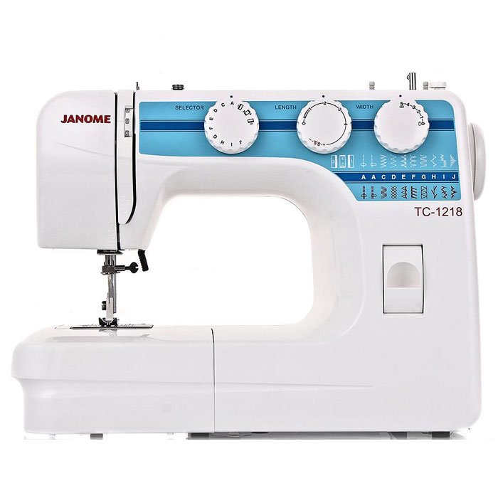 Janome TC-1218 швейная машинаTC1218 Janome TC-1218 швейная машинаTC1218Janome TC 1218- швейная машина для шитья и ремонта одежды. Она оборудована надежным вертикальным качающимся челноком, применяемым в бытовых швейных машинах уже многие десятилетия. Модель позволяет выметывать прямые бельевые петли за 4 шага без поворота ткани - после выполнения каждой стороны петли нужно переключить программу на следующую сторону.Среди строчек, которые доступны в данной модели, имеется зигзаг с разной плотностью стежков, эластичная, оверлочная, потайная подгибка, стрейчевая для трикотажа, а также несколько декоративных строчек (фестон, соты). Кроме того, машинка выполняет усиленную (тройную) прямую строчку, по виду напоминающую цепочку. Она также укомплектована тремя лапками: для втачивания молнии, выметывания петли и потайной подгибки. Установить желаемую строчку можно с помощью поворота колеса, расположенного на корпусе машинки.Благодаря опции отключения нижнего транспортера ткани можно штопать или вышивать в свободной технике. Кнопка реверса обеспечивает легкое управление с громоздкими вещами и позволяет делать закрепки коротким двойным нажатием. Для шитья двойной иглой предусмотрены 2 стержня под катушки.Удобный нитеобрезатель, расположенный на боковой кромке машины, поможет легким движением руки обрезать нити за доли секунды после завершения шва.Конструкция швейной машинки позволяет снять часть столика, образуя удобную рукавную платформу, на которой комфортно обрабатывать манжеты, штанины и другие трубчатые делали одежды. В пенале под крышкой столика предусмотрен удобный отсек для хранений дополнительных принадлежностей.Благодаря встроенной подсветке рабочей области можно комфортно работать даже в условиях слабой освещенности.