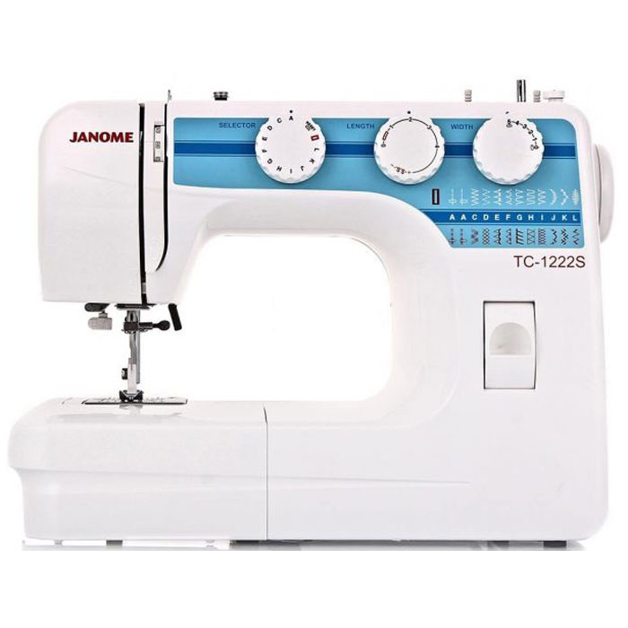 Janome TC 1222 S швейная машинаTC1222S Janome TC 1222 S швейная машинаTC1222SJanome TC 1222 S - швейная машина для шитья и ремонта одежды. Она оборудована надежным вертикальным качающимся челноком, применяемым в бытовых швейных машинах уже многие десятилетия.Конструкция швейной машинки позволяет снять часть столика, образуя удобную рукавную платформу, на которой комфортно обрабатывать манжеты, штанины и другие трубчатые детали одежды. В пенале под крышкой столика предусмотрен удобный отсек для хранений дополнительных принадлежностей.Среди строчек, которые доступны в данной модели, имеется зигзаг с разной плотностью стежков, эластичная, оверлочная, потайная подгибка, стрейчевая для трикотажа, а также несколько декоративных строчек (фестон, соты). Кроме того, машинка выполняет усиленную (тройную) прямую строчку, по виду напоминающую цепочку.Модель также укомплектована четырьмя лапками: универсальной, для втачивания молнии, автоматического выметывания петли и потайной подгибки. Установить желаемую строчку можно с помощью поворота колеса, расположенного на корпусе машинки.Благодаря встроенной подсветке рабочей области можно комфортно работать даже в условиях слабой освещенности.
