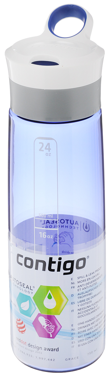 Бутылка для воды Contigo Grace, цвет: синий, белый, 750 млcontigo0202 Бутылка для воды Contigo Grace, цвет: синий, белый, 750 млcontigo0202Бутылка для воды Contigo Grace изготовлена из высококачественного прозрачного пластика, безопасного для здоровья. Закручивающаяся крышка с герметичным клапаном для питья обеспечивает защиту от проливания. Оптимальный объем бутылки позволяет взять небольшую порцию напитка. Она легко помещается в сумке или рюкзаке и всегда будет под рукой. Изделие имеет мерную шкалу, которая позволит контролировать количество жидкости. Такая идеальная бутылка небольшого размера, но отличной вместимости наполняет оптимизмом, даря заряд позитива и хорошего настроения. Бутылка для воды Contigo Grace - отличное решение для прогулки, пикника, автомобильной поездки, занятий спортом и фитнесом. Высота бутылки (с учетом крышки): 26 см.Диаметр дна: 6,5 см.
