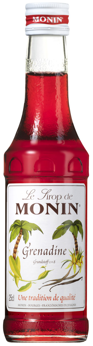 Monin Гренадин сироп, 0,25 лSMONN0-000093 Monin Гренадин сироп, 0,25 лSMONN0-000093Гренадин на сегодняшний день является наиболее распространенным и универсальным подслащивающим веществом и ароматизатором в классической барной миксологии. Как трудно в это верить, он не имеет ничего общего с гранатовым сиропом. Многие коктейли содержат Гренадин. Это придает приятный красный цвет и сладкий, слегка терпкий вкус, который очень популярен для детей и взрослых. Сироп Monin Гренадин представляет аромат красных ягод с оттенком ванили и ярко-красный цвет для окраски безалкогольных напитков, коктейлей, десертов, маринадов и ряд других рецептов.Сиропы Monin выпускает одноименная французская марка, которая известна как лидирующий производитель алкогольных и безалкогольных сиропов в мире. В 1912 году во французском городке Бурже девятнадцатилетний предприниматель Джордж Монин основал собственную компанию, которая специализировалась на производстве вин, ликеров и сиропов. Место для завода было выбрано не случайно: город Бурже находился в непосредственной близости от крупных сельскохозяйственных районов — главных поставщиков свежих ягод и фруктов. Производство сиропов стало ключевым направлением деятельности компании Monin только в 1945 году, когда пост главы предприятия занял потомок основателя — Пол Монин. Именно под его руководством ассортимент марки пополнился разнообразными сиропами из натуральных ингредиентов, которые молниеносно заслужили блестящую репутацию в кругу поклонников кофейных напитков и коктейлей. По сей день высокое качество остается базовым принципом деятельности французской марки. Сиропы Монин создаются исключительно из натуральных ингредиентов по уникальным технологиям, позволяющим сохранять в готовом продукте все полезные свойства природного сырья.Эксперты всего мира сходятся во мнении, что сиропы Monin — это законодатели мод в миксологии. Ассортимент французской марки на сегодняшний день является самым широким и насчитывает полторы сотни уникальных вкусовых решений. В каталоге компании можно найти как классические вкусы для кофейных напитков (шоколадный, ванильный, ореховый и другие сиропы), так и весьма экзотические варианты (сиропы со вкусом кокоса, зеленой мяты, тирамису, блю курасао, аниса, грейпфрута, пина колады и т. д.). Отметим, что все сиропы обладают мягкими, деликатными вкусороароматическими характеристиками, что говорит о натуральном составе продуктов.
