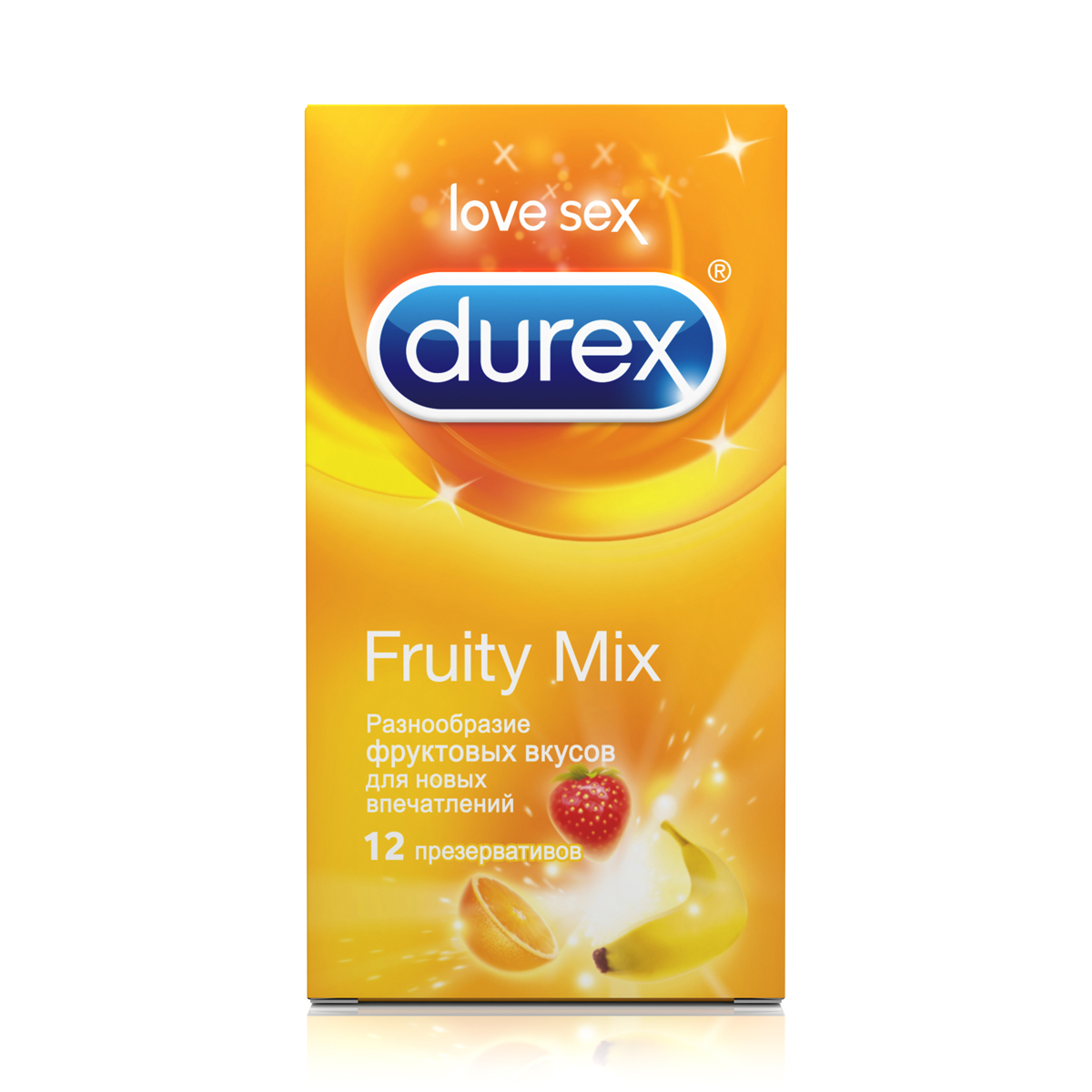 DUREX Fruity Mix Презервативы №125010232953833 DUREX Fruity Mix Презервативы №125010232953833• Номинальная ширина 53 мм• Цветной натуральный латекс со смазкой• Особая форма с накопителем• Дерматологически протестированы• 100% проверены электроникойПрезервативы Durex Fruity Mix предлагают разнообразные интересные фруктовые вкусы. Банан, клубника, апельсин и яблоко сделают секс более увлекательным и невероятно возбуждающим. Благодаря особой технологии производства Durex Select не имеют неприятного запаха. Все предусмотрено для того, чтобы вы могли расслабиться и наслаждаться безопасным сексом.Прозрачные из натурального латекса с гелем-смазкой.Храните в прохладном сухом месте, вдали от воздействия прямых солнечных лучей.Пожалуйста, внимательно прочтите памятку внутри упаковки, особенно если вы собираетесь использовать презервативы для орального или анального секса. Использование гелей-смазок Durex Play с презервативами может увеличить наслаждение от секса. Все гели-смазки Durex Play безопасны для использования с презервативами - в отличие от смазок на масяной основе, которые могут повредить презерватив. Дерматологически тестированы. Презервативы предназначены только для одноразового применения. Если вы почувствуете дискомфорт или раздражение во время использования презерватива, прекратите использование. Если симптомы будут продолжаться, пожалуйста, обратитесь к врачу.1.Любой из партнеров может надеть презерватив на возбужденный пенис во время предварительных ласк. Позаботьтесь о том, чтобы сделать это до начала полового актиа. Это помогает предотвратить беременность и возможность заражения инфекциями, передаваемыми половым путем. ВНИМАНИЕ: проверьте срок годности на упаковке презерватива, прежде чем использовать его . Надорвите упаковку со стороны зубчатой кромки и обращайтесь с презервативами осторожно, так как его можно повредить ногтями и острыми предметами, например, ювелирными изделиями или украшениями при пирсинге.2. Проверьте, чтобы презерватив был свернут наружу. Если он свернут наружу, то презерватив вывернут наизнанку. Сдавите сосок на конце презерватива, чтобы внутри не осталось воздуха.3. Все еще сдавливая сосок, поместите презерватив на кончик пениса и разверните его вниз рукой. если он начнет сворачиваться во время секса, немедленно разверните его снова. Если презерватива спадет, прекратите половой акт и наденьте новый презерватив.4. Вскоре после эякуляции и пока пенис еще возбужден, презерватив необходимо плотно придержать у основания пениса, прежде чем снять его. Затем просто снимите презерватив, заверните в бумажную салфетку и выбросьте в мусорный ящик. Пожалуйста, не спускайте его в унитаз. Характеристики:Материал презерватива: латекс. Количество презервативов: 12. Длина презерватива: 18 см. Ширина презерватива: 2,3 см. Производитель: Великобритания. Товар сертифицирован.