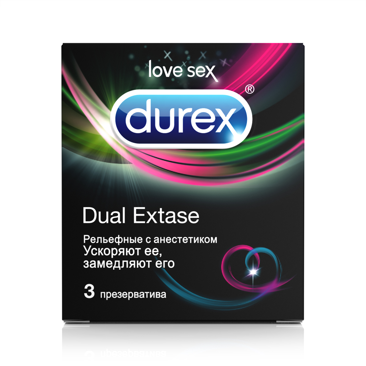 DUREX Dual Extase Презервативы №314668 DUREX Dual Extase Презервативы №314668• Номинальные размеры: длина - 195 мм, ширина - 56 мм• Специальный гель-смазка для продления удовольствия. Содержит бензокаин 5%• Прозрачные презервативы со смазкой, особая форма с накопителем• Специальная анатомическая форма «Easy on»• 100% проверены электроникойСекс – это ни с чем несравнимое удовольствие, а одновременный оргазм партнеров – это те же ощущения, усиленные в два раза.Durex Dual Extase создан для того, чтобы оба партнера смогли получить оргазм одновременно! Более 50% женщин жалуются на то, что их партнер достигает максимальной точки удовлетворения гораздо быстрее. Одновременно же оба партнера достигают оргазма лишь в 27% случаев.Анестетик (бензокаин) внутри презервативов Durex Dual Extase способен замедлять эякуляцию мужчин, а ребра и пупырышки на поверхности презерватива помогают усилить стимуляцию и ускорить наступление оргазма женщины. Презервативы Durex Dual Extase ускоряют ее, замедляют его. Любите друг друга. Обоюдное удовольствие – главный приоритет здоровых сексуальных отношений!Прозрачные из натурального латекса с гелем-смазкой. Храните в прохладном сухом месте, вдали от воздействия прямых солнечных лучей.Пожалуйста, внимательно прочтите памятку внутри упаковки, особенно если вы собираетесь использовать презервативы для орального или анального секса. Использование гелей-смазок Durex Play с презервативами может увеличить наслаждение от секса. Все гели-смазки Durex Play безопасны для использования с презервативами - в отличие от смазок на масляной основе, которые могут повредить презерватив. Дерматологически тестированы. Презервативы предназначены только для одноразового применения. Если вы почувствуете дискомфорт или раздражение во время использования презерватива, прекратите использование. Если симптомы будут продолжаться, пожалуйста, обратитесь к врачу.1.Любой из партнеров может надеть презерватив на возбужденный пенис во время предварительных ласк. Позаботьтесь о том, чтобы сделать это до начала полового актиа. Это помогает предотвратить беременность и возможность заражения инфекциями, передаваемыми половым путем. ВНИМАНИЕ: проверьте срок годности на упаковке презерватива, прежде чем использовать его . Надорвите упаковку со стороны зубчатой кромки и обращайтесь с презервативами осторожно, так как его можно повредить ногтями и острыми предметами, например, ювелирными изделиями или украшениями при пирсинге.2. Проверьте, чтобы презерватив был свернут наружу. Если он свернут наружу, то презерватив вывернут наизнанку. Сдавите сосок на конце презерватива, чтобы внутри не осталось воздуха.3. Все еще сдавливая сосок, поместите презерватив на кончик пениса и разверните его вниз рукой. если он начнет сворачиваться во время секса, немедленно разверните его снова. Если презерватива спадет, прекратите половой акт и наденьте новый презерватив.4. Вскоре после эякуляции и пока пенис еще возбужден, презерватив необходимо плотно придержать у основания пениса, прежде чем снять его. Затем просто снимите презерватив, заверните в бумажную салфетку и выбросьте в мусорный ящик. Пожалуйста, не спускайте его в унитаз.