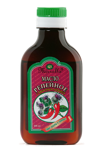 Репейное масло с красным перцем 100мл4650001790309 Репейное масло с красным перцем 100мл4650001790309Репейное масло – издавна почиталось на Руси, как надежное средство от выпадения волос и облысения. Масло содержит природный инулин, богатый комплекс витаминов, протеин, жирные кислоты, дубильные вещества и минеральные соли. Перец красный (жгучий) усиливает микроциркуляцию крови, способствуя быстрой доставке полезных компонентов репейника непосредственно к волосяным луковицам. - Усиливает кровообращение вокруг волосяных луковиц;- укрепляет корни волос;- стимулирует рост волос;- насыщает корни волос витаминами;- останавливает выпадение волос.