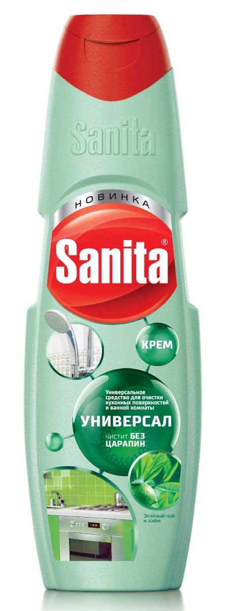 Чистящее средство Sanita Универсал, зеленый чай и лайм, 600 мл790009 Чистящее средство Sanita Универсал, зеленый чай и лайм, 600 мл790009Средство чистящее универсальное Sanita крем Универсал, зеленый чай и лайм. Универсальный крем для очистки кухонных поверхностей и ванной комнаты. Содержит особые микрогранулы и природные компоненты, которые эффективно справляются с жиром, грязью, нагаром и известковым налетом. Средство бережно очищает поверхности, легко смывается, не оставляет разводов после высыхания и дарит аромат свежего лимона. Рекомендовано для ежедневного применения. Способ применения: Крем встряхнуть. С помощью влажной губки распределить по поверхности, почистить, смыть водой. Использовать крем только на охлаждённых керамических, эмалированных, стальных и других влагоустойчивых твёрдых поверхностях. Состав: ? 30 % мягкий абразивный наполнитель, < 5 % сода, < 5 % АПАВ и НПАВ, < 5 %: загуститель, консервант, краситель, ароматизатор.