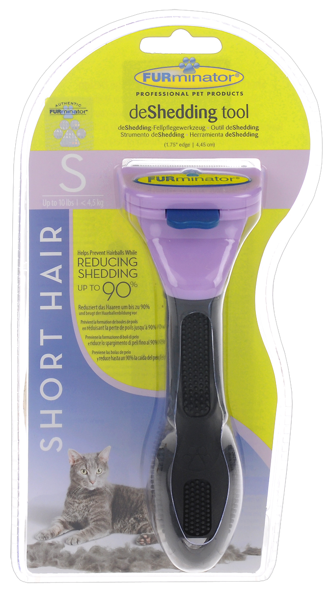 Фурминатор для маленьких кошек короткошерстных пород FURminator, длина лезвия 4 см113140 Фурминатор для маленьких кошек короткошерстных пород FURminator, длина лезвия 4 см113140Фурминатор FURminator специально разработан профессиональными грумерами для маленьких короткошерстных кошек до 4,5 кг с шерстью длиной до 5 см. Это удивительно простой и максимально эффективный инструмент, уменьшающий линьку у кошек на 90%. Безопасен и эффективен также и для длинношерстных кошек. Конструкция лезвия расчески, выполненного из нержавеющей стали, быстро и аккуратно удаляет отмерший подшерсток. За несколько сеансов (2-4) легко вычесывается до 90% отмерших волосков, и линька проходит менее заметно. Безопасен и эффективен, не режет шерсть, мягко выдергивает мертвый подшерсток, не повреждая гладкий остевой волос. Сохраняет здоровье кожи и шерсть животного.Кнопка FURejector легко очищает шерсть с инструмента. Эргономичная ручка из резины обеспечивает надежный хват и более удобное использование. Вы забудете о спутанной шерсти, проблеме колтунов, о массе подшерстка, который остается на мебели, одежде и на полу. При постоянном применении значительно снижает риск аллергии на домашних животных.Длина лезвия: 4 см.Общая длина прибора: 15 см.