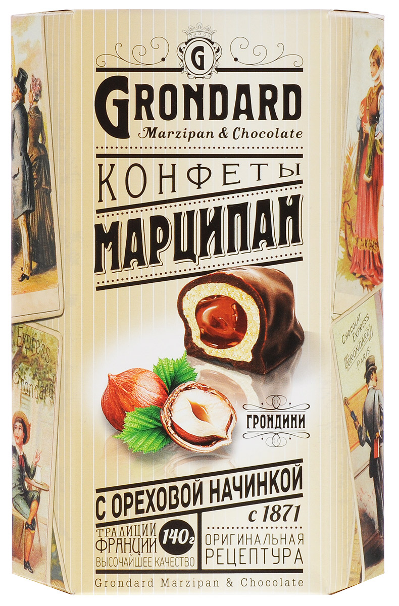 Grondard Marzipan конфеты марципановые с ореховой начинкой в шоколадной глазури, 140 г14045 Grondard Marzipan конфеты марципановые с ореховой начинкой в шоколадной глазури, 140 г14045Шоколадные конфеты Grondard Marzipan станут отличным подарком для близких: эти нежные конфеты в классическом исполнении с изысканными начинками подарят истинное наслаждение великолепным вкусом. Такие конфеты будут уместны для вечера с приятным вам человеком, для того, чтобы пойти с ними в гости, подарить на празднике или просто побаловать себя за вечерним чаепитием. Их изысканный и оригинальный марципановый вкус поможет перенестись в атмосферу мечтаний и грез. Очаруйтесь их вкусом, оцените все грани этого изящного лакомства от компании Grondard.