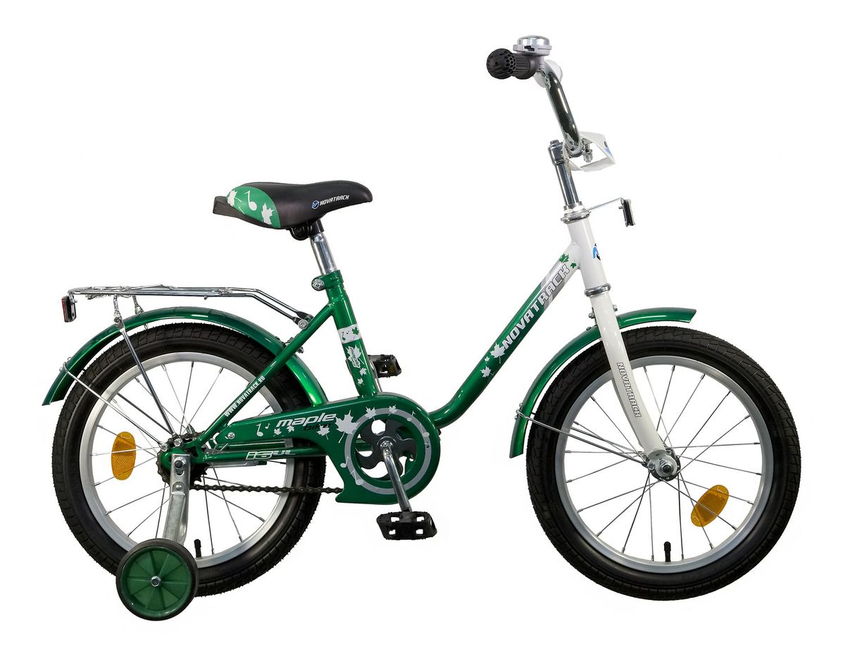 Велосипед детский Novatrack Maple 16, цвет: зеленый163MAPLE.GN5 Велосипед детский Novatrack Maple 16, цвет: зеленый163MAPLE.GN5Novatrack Maple 16’’ – это надежный велосипед для девочек 5-7 лет, на котором очень легко начинать обучение езеде на велосипеде, и который обязательно станет предметом гордости маленькой леди. Регулируемые сидение и руль легко адаптируются под рост ребенка. Маленькие дополнительные колеса снимаются. Багажник поможет перевезти необходимые в дороге предметы. Велосипед оснащен ножным тормозом, которым ребеноку легко пользоваться, защитой цепи, которая убережет нижнюю часть одежды от попадания в механизм. Для того, чтобы привлечь внимание прохожих, на руль установлен красивый и блестящий звоночек, который оповестит зевак об обгоне.