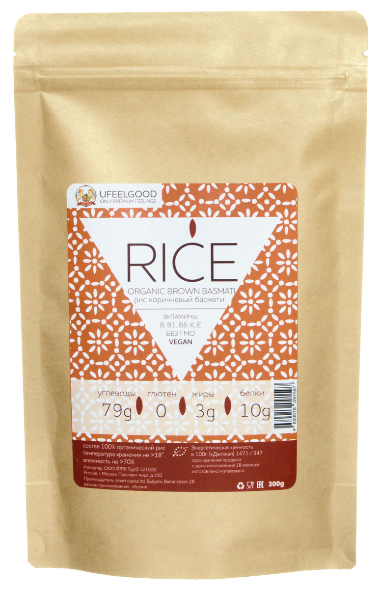 UFEELGOOD Rice Organic Brown Basmati коричневый органический рис басмати, 300 г39 UFEELGOOD Rice Organic Brown Basmati коричневый органический рис басмати, 300 г39Рис Басмати содержит клетчатку, крахмал, фолиевую кислоту, 8-аминокислот, железо, фосфор, калий, тиамин, рибофлавин, ниацин и очень низкое содержание натрия.Обволакивая желудок, этот продукт защищает его и не возбуждает желудочную секрецию, поэтому его удобно использовать в диетах. Он легко усваивается и не содержит холестерина. Хотя людям, страдающим избыточным весом, рекомендуется нешлифованный рис.