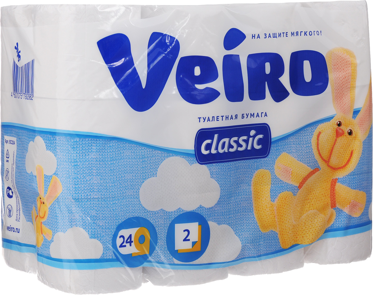Бумага туалетная Veiro Classic, двухслойная, цвет: белый, 24 рулона5C224 Бумага туалетная Veiro Classic, двухслойная, цвет: белый, 24 рулона5C224Туалетная бумага Veiro Classic, выполненная из натуральной целлюлозы, обеспечивает превосходный комфорт и ощущение чистоты и свежести. Необыкновенно мягкая, но в тоже время прочная, бумага не расслаивается и отрывается строго по линии перфорации, не вызывает аллергии и раздражения. Двухслойные листы имеют рисунок с перфорацией.Количество слоев: 2. Размер листа: 12,5 х 9,5 см. Длина намотки: 17 м. Состав: 100% целлюлоза.