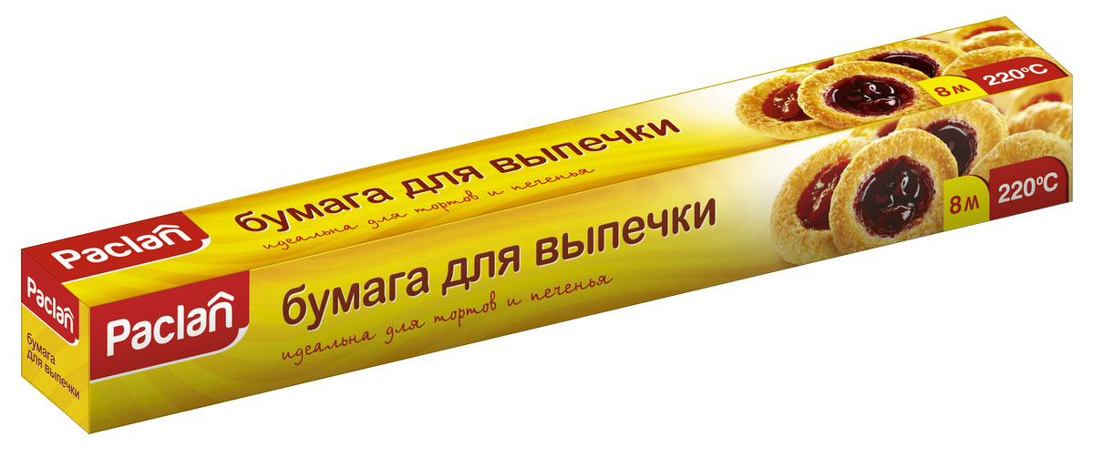 Бумага для выпечки Paclan, 8 м х 38 см163301/400132 Бумага для выпечки Paclan, 8 м х 38 см163301/400132Бумага для выпечки Paclan широко используется в хозяйстве, как для приготовления выпечки и всевозможных блюд, так и для хранения продуктов, содержащих жиры и влагу, таких как сливочное масло, творожные изделия, бутерброды, готовые блюда из рыбы и другие продукты. Форму не нужно смазывать маслом, что предотвращает пригорание выпечки. Бумага изготовлена из экологически чистого и абсолютно безвредного для здоровья материала.Длина бумаги: 8 м.Ширина бумаги: 38 см.