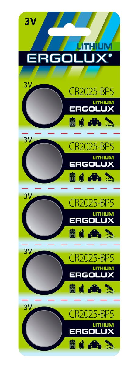 Батарейка литиевая Ergolux, тип CR2025, 3 В, 5 шт12050 Батарейка литиевая Ergolux, тип CR2025, 3 В, 5 шт12050Батарейка Ergolux - это литиевая батарейка типа CR2025, которая применяется для поддержания памяти различных электронных устройствах. Литиевая батарейка Ergolux с напряжением 3 вольта является емким источником длительной энергии и лучше всего подходит для КПК, фото и видео техники, калькуляторов, охранных систем и других электронных устройств. Литиевая батарейка Ergolux обеспечивает более высокое напряжение, низкий уровень саморазряда (не более 2% в год), стабильную работу в широком диапазоне температур, длительный срок хранения (5-10 лет). Батарейка Ergolux - незаменимый источник энергии для современных электронных систем.В комплекте 5 штук.