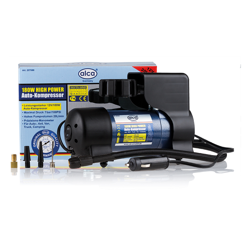 Автомобильный компрессор Alca High Power, 12 В , 180 Вт. 207000207000 Автомобильный компрессор Alca High Power, 12 В , 180 Вт. 207000207000Автомобильный компрессор Alca предназначен для быстрого накачивания шин, резиновых лодок, мячей, матрацев и других резиновых изделий. Корпус выполнен из прочного пластика и металла. Компрессор оборудован точным манометром со шкалой 7 бар. Работает от прикуривателя автомобиля.Максимальное давление: 11 бар.