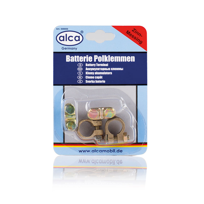 Клеммы аккумуляторные Alca, 2 шт509000 Клеммы аккумуляторные Alca, 2 шт509000Аккумуляторные клеммы Alca предназначены для замены вышедших из строя клемм без замены проводов. Выполнены они из латуни и олова.В комплекте 2 клеммы.