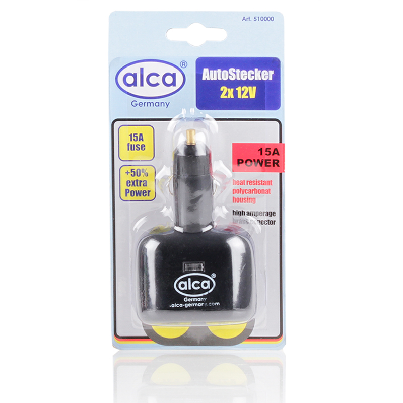 Розетка прикуривателя Alca, двойная, 12 В510000 Розетка прикуривателя Alca, двойная, 12 В510000Розетка прикуривателя Alca увеличивает количество гнезд прикуривателя и рассчитана на подключение нескольких различных электрических приборов, например, автомобильного чайника или термокружки. Изделие выполнено из термостойкого поликарбоната. Это устройство незаменимо при выездах на природу, да и просто в поездках по городу. Напряжение: 12В.Сила тока: 15А.