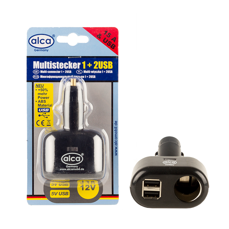 Розетка прикуривателя Alca, 12V + 2 USB 5V510100 Розетка прикуривателя Alca, 12V + 2 USB 5V510100Розетка прикуривателя Alca увеличивает количество гнезд прикуривателя и рассчитана на подключение нескольких различных электрических приборов, например, автомобильного чайника или термокружки. Изделие выполнено из термостойкого поликарбоната. Розетка снабжена многофункциональным разъемом 12V и 2 выходами USB 5V. Также имеется предохранитель и контрольная подсветка. Это устройство незаменимо при выездах на природу, да и просто в поездках по городу. Напряжение: 12В. Сила тока: 15А.