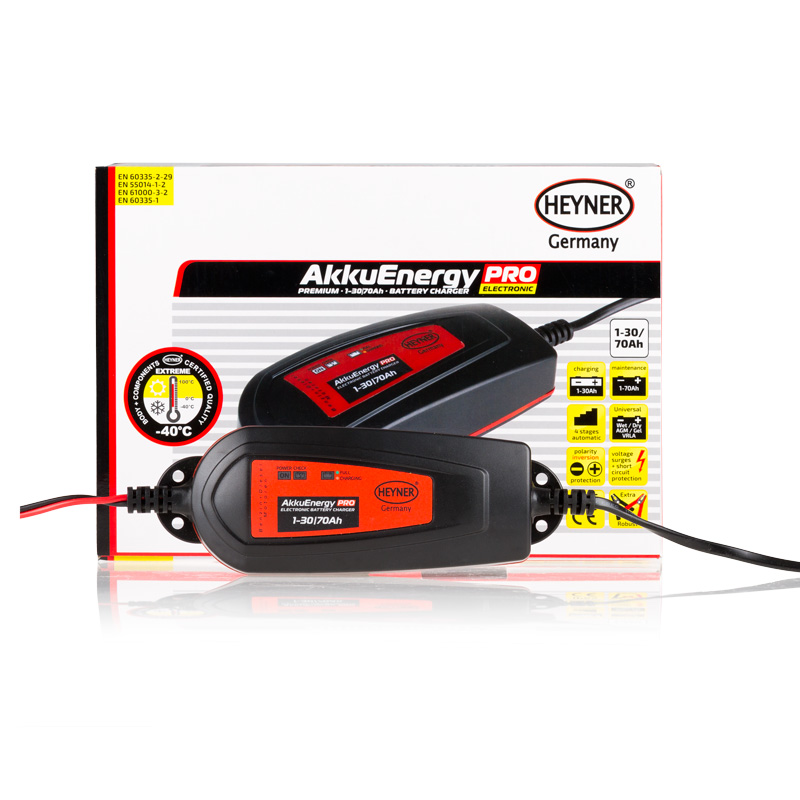 Мобильное зарядное устройство Heyner AkkuEnergy PRO для АКБ 1-30 Ah 12V927030 Мобильное зарядное устройство Heyner AkkuEnergy PRO для АКБ 1-30 Ah 12V927030Мобильное зарядное устройство AkkuEnergy PRO для кислотных АКБ 1-30 Ah. Процесс зарядки управляется микропроцессором. 4 ступенчатый процеc зарядки. Поддерживает АКБ емкостью от 1-70 Ah в рабочем состоянии в преиод когда АКБ находится на хранении. Ток зарядки импульсный. Защита от обратной полярности, короткого замыкания прегрева и импульсных перенапряжений. Копус изготовлен из прочного пластика (IP65)