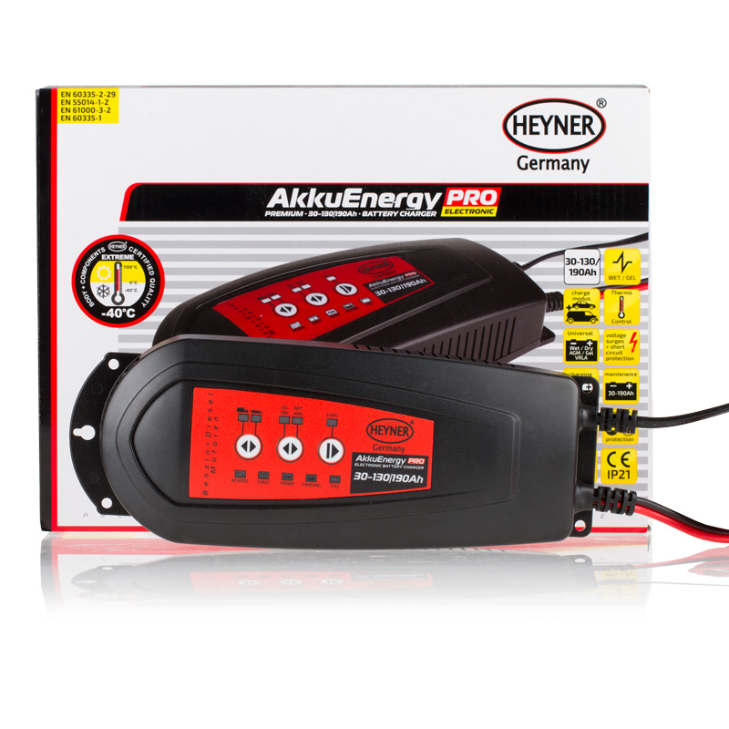 Мобильное зарядное устройство Heyner AkkuEnergy PRO, для АКБ 30-130 Ah 12V927130 Мобильное зарядное устройство Heyner AkkuEnergy PRO, для АКБ 30-130 Ah 12V927130Мобильное зарядное устройство Heyner AkkuEnergy PRO предназначено для кислотных автомобильных аккумуляторных батарей 30-130 Ah. 7-ступенчатый процесс зарядки управляется микропроцессором. Поддерживает АКБ емкостью от 30-190 Ah в рабочем состоянии в период, когда АКБ находится на хранении. Ток зарядки импульсный. Защита от обратной полярности, короткого замыкания, перегрева и импульсных перенапряжений. Корпус изготовлен из прочного пластика (защита IP21).