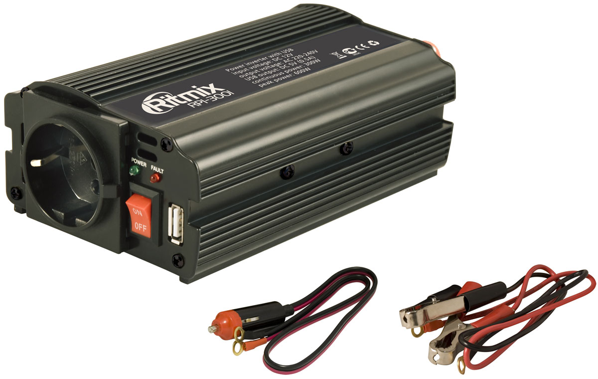 Ritmix RPI-3001 преобразователь напряжения15115811 Ritmix RPI-3001 преобразователь напряжения15115811Ritmix RPI-3001 – автомобильный инвертор напряжения, предназначенный для питания (зарядки) электронных устройств, работающих от сети 220 вольт или от USB. Любые электроприборы, которыми вы привыкли пользоваться у себя дома, теперь работают в вашем автомобиле, куда бы вы ни поехали!Важно!При подключении к прикуривателю потребляемая мощность прибора, подключённого к инвертору, не должна превышать 250 Вт. Если к инвертору подключается несколько приборов, потребляемая ими мощность суммарно не должна превышать 250 Вт. В противном случае возможен выход из строя приборов и всей электросети автомобиля.Выходная мощность: максимальная - 300 Вт; импульсная - 600 ВтВыходное напряжение: евророзетка - 230 В; USB - 5 ВВыходной ток USB: 0,5 АВыходная эффективность: до 85 %Порог отключения: при низком входном напряжении: 9,2 - 9,8 В; при высоком входном напряжении: 15 - 16 В