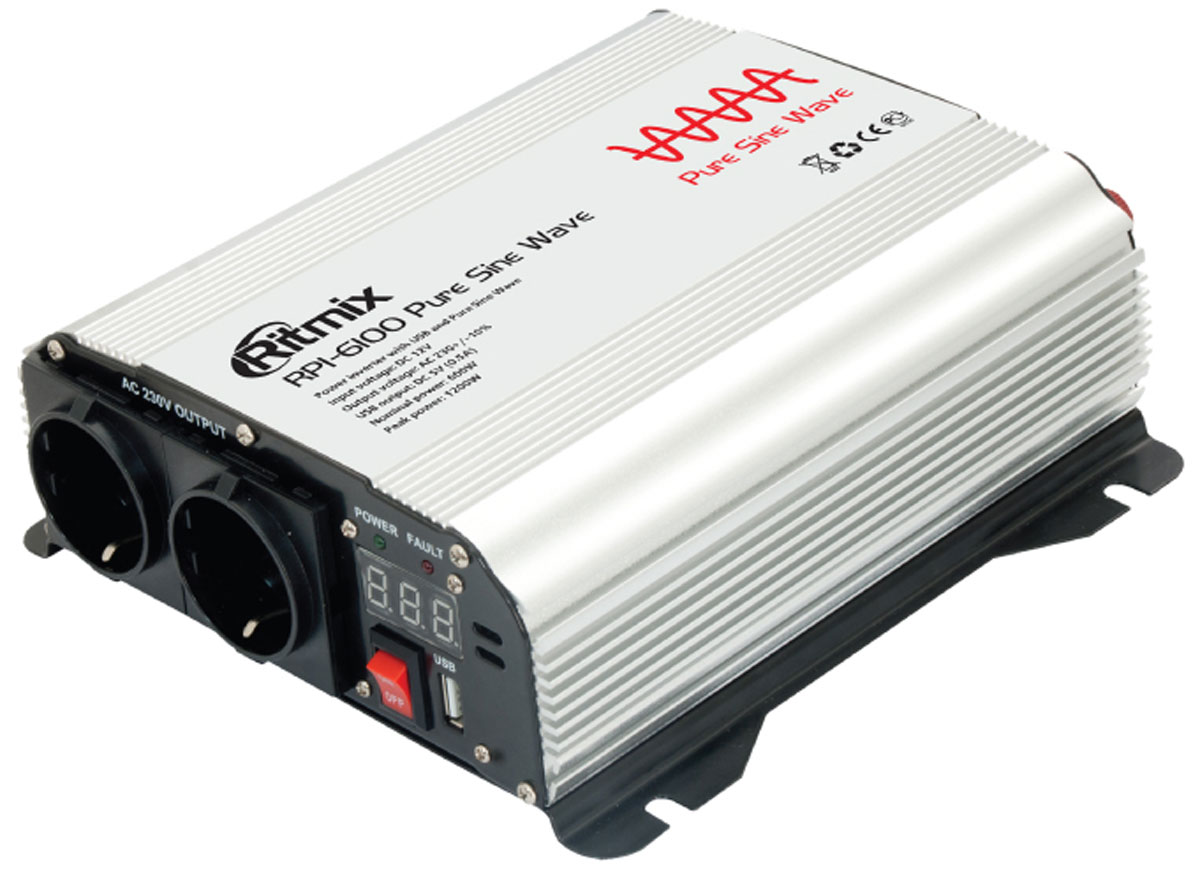 Ritmix RPI-6100 Pure Sine преобразователь напряжения15116443 Ritmix RPI-6100 Pure Sine преобразователь напряжения15116443Ritmix RPI-6100 – автомобильный преобразователь напряжения с выходным сигналом в виде чистой синусоиды. Устройство позволяет осуществлять питание (зарядку) электронных устройств, работающих от сети 220 вольт или от USB.Инверторы с чистой синусоидой выдают самый надежный и последовательный выходной сигнал. Некоторое чувствительное оборудование, такое как бытовая техника, двигатели, насосы и медицинское оборудование, требует обязательной установки инвертора с формой волны в виде чистого синуса. Инвертор с правильной синусоидой позволяет создать максимально эффективную автономную сеть с корректной работой при любых нагрузках.Выходная мощность: максимальная - 600 Вт; импульсная - 1200 ВтВыходное напряжение: евророзетки - 230 В; USB - 5 ВВыходной ток USB: 0,5 АВыходной сигнал: чистая синусоидаВыходная эффективность: 90,5 %Порог отключения: при низком входном напряжении: 9,2 - 9,8 В; при высоком входном напряжении: 15 - 16 В