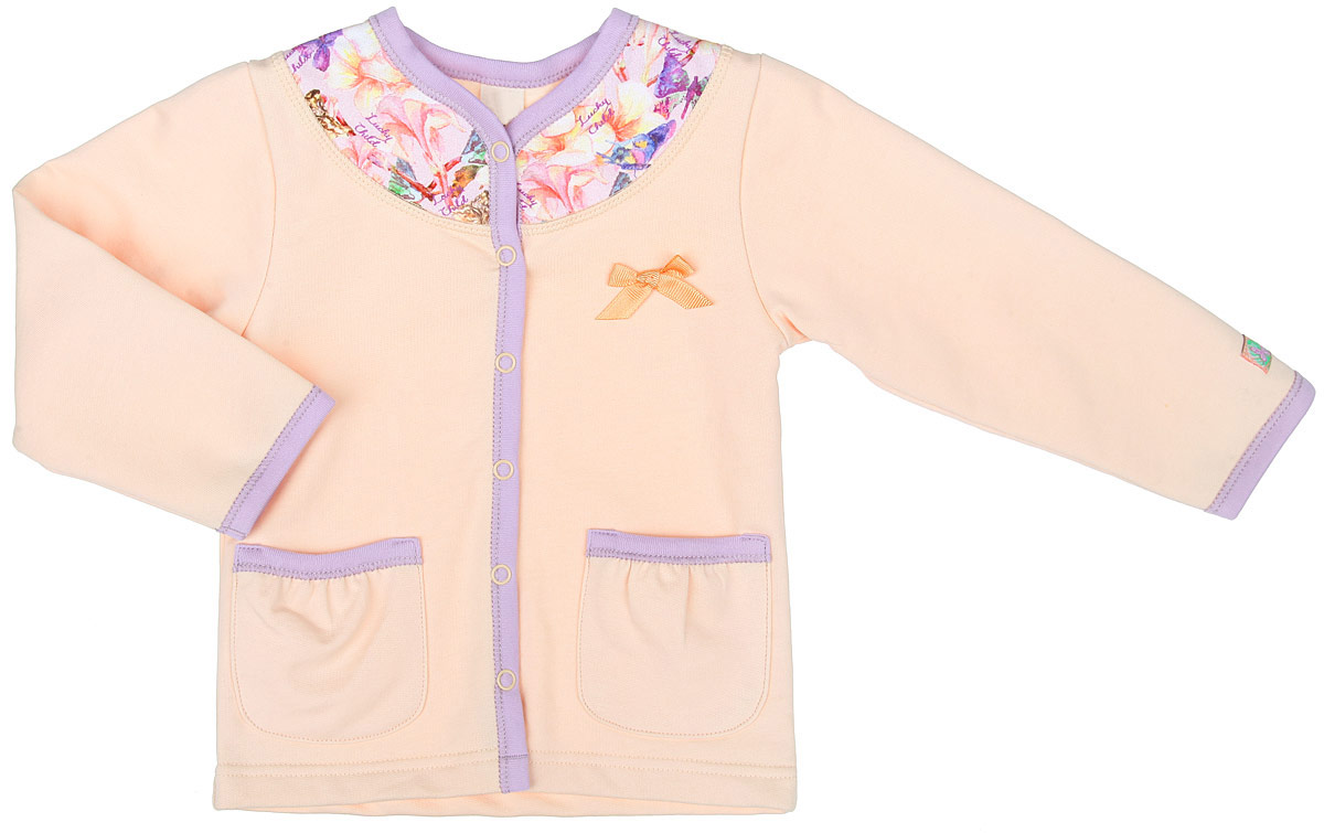 Кофточка для девочки Lucky Child Тропический рай, цвет: дынный, сиреневый. 26-20ф. Размер 56/62, 0-3 месяца26-20ф Кофточка для девочки Lucky Child Тропический рай, цвет: дынный, сиреневый. 26-20ф. Размер 56/62, 0-3 месяца26-20фКофточка для девочки Lucky Child Тропический рай, изготовленная из натурального хлопка, станет отличным дополнением к детскому гардеробу. Изделие очень мягкое, не сковывает движения и хорошо вентилируется, обеспечивая комфорт. Изнаночная сторона имеет приятный к телу начес. Кофточка с V-образным вырезом горловины и длинными рукавами застегивается на кнопки. Верхняя лицевая часть модели оформлена вставкой с оригинальным принтом. Спереди кофточка дополнена двумя накладными карманами. Грудь изделия украшена пришитым текстильным бантиком.Кофточка полностью соответствует особенностям жизни младенца в ранний период, не стесняя и не ограничивая его в движениях. В ней ваша маленькая принцесса всегда будет в центре внимания!